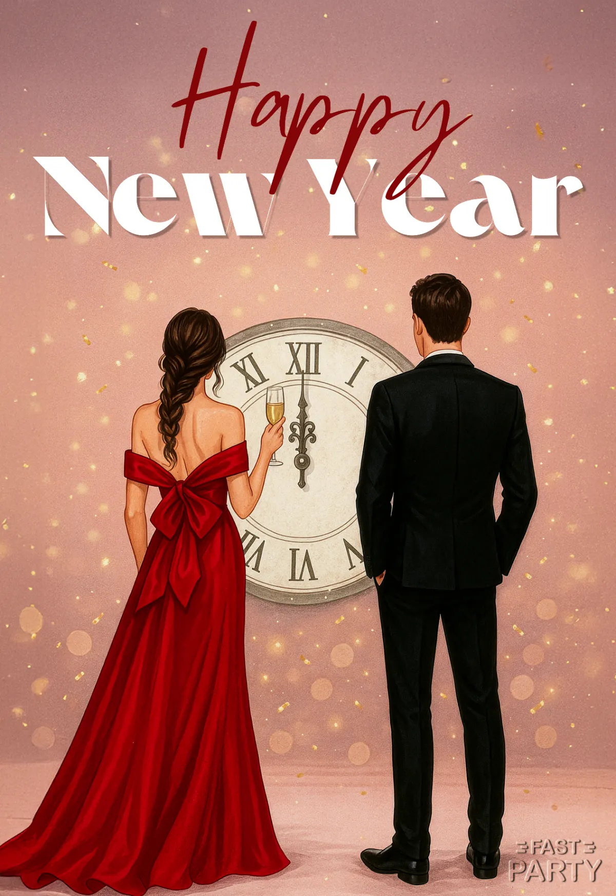 New Year card with a couple before a giant clock at midnight