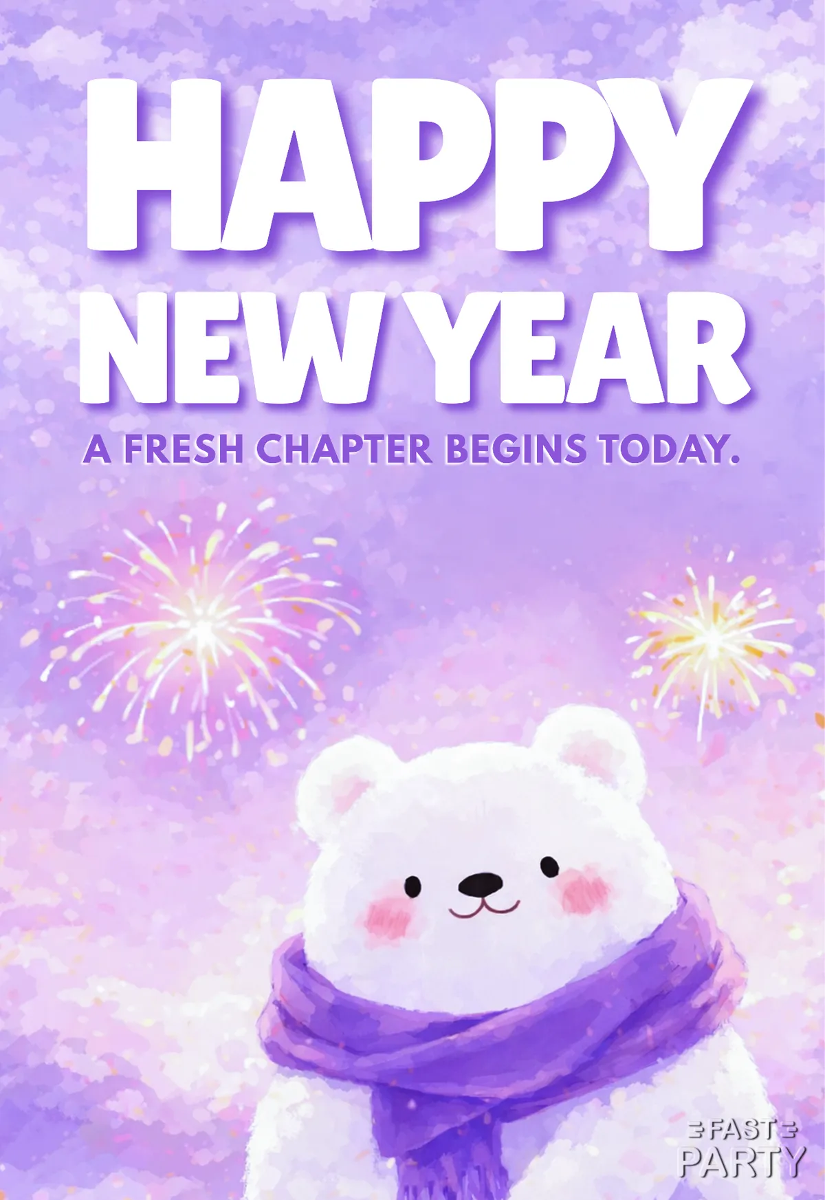 New Year card with a white bear cub in a scarf among fireworks