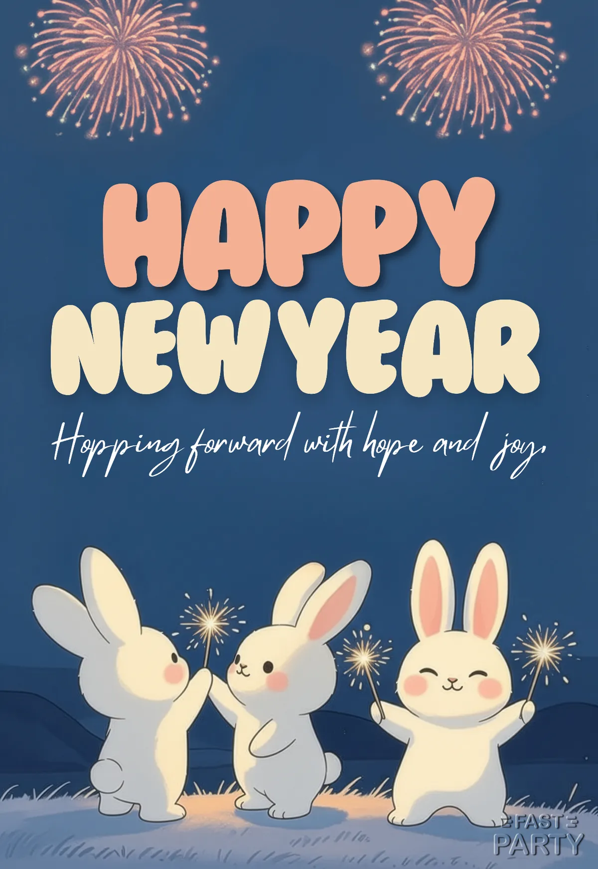 New Year card with three rabbits holding sparklers under fireworks