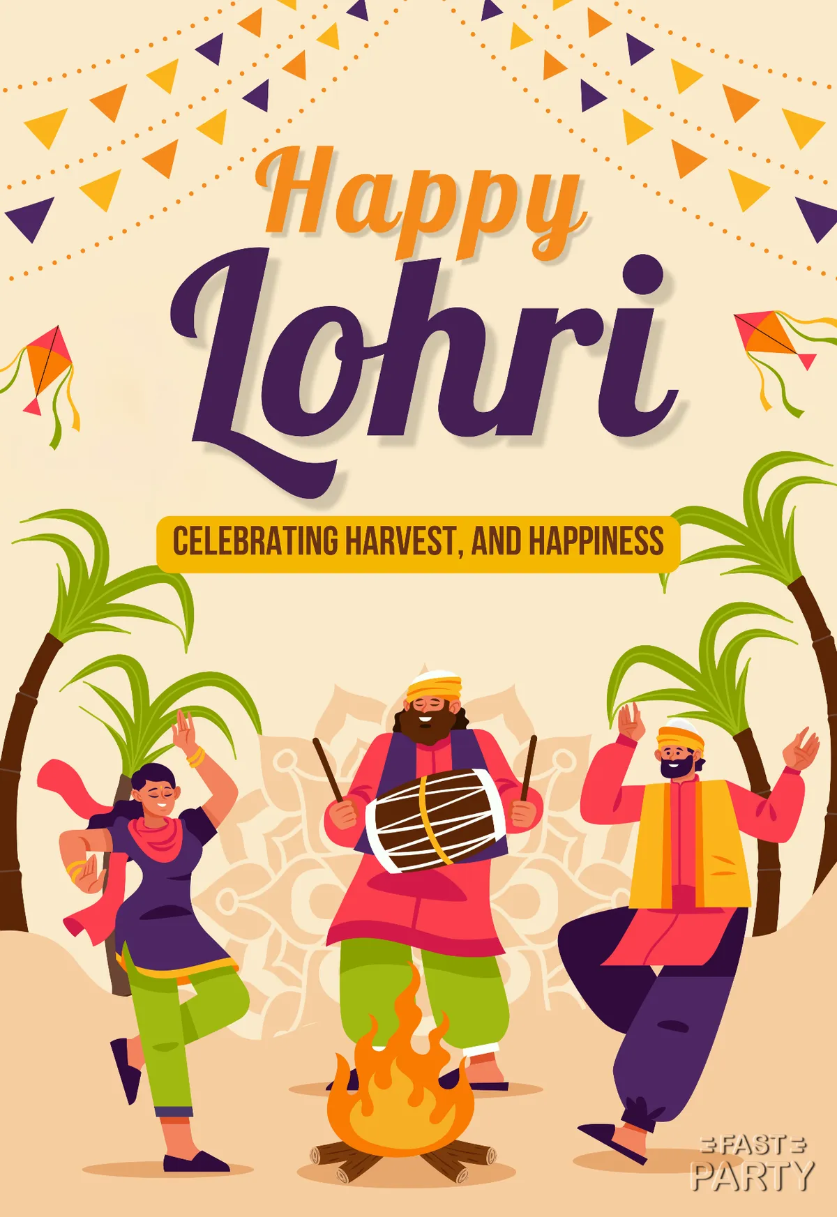 Lohri card with three dancers circling a fire with a dhol