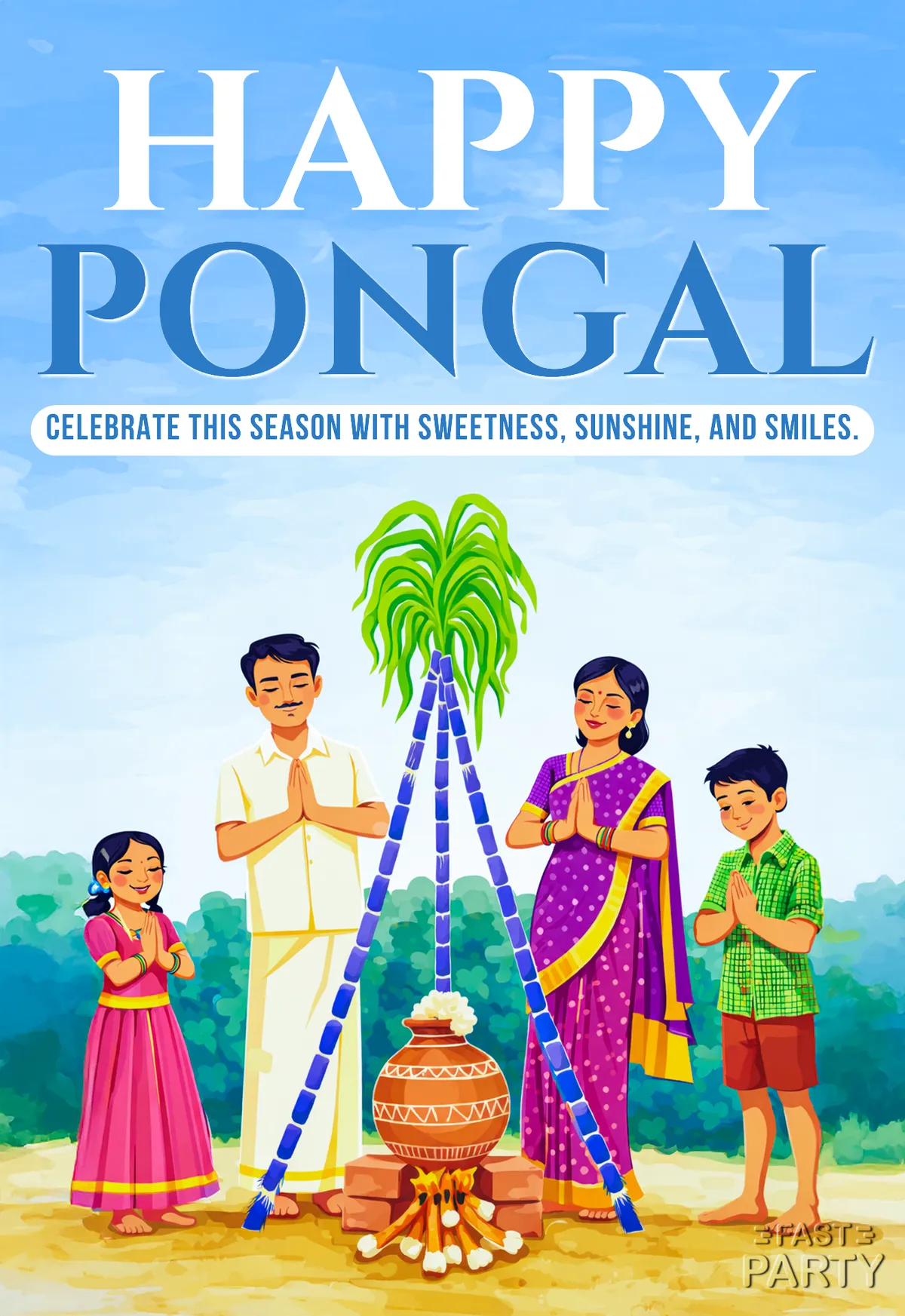 Pongal card with a family greeting beside a boiling pongal pot