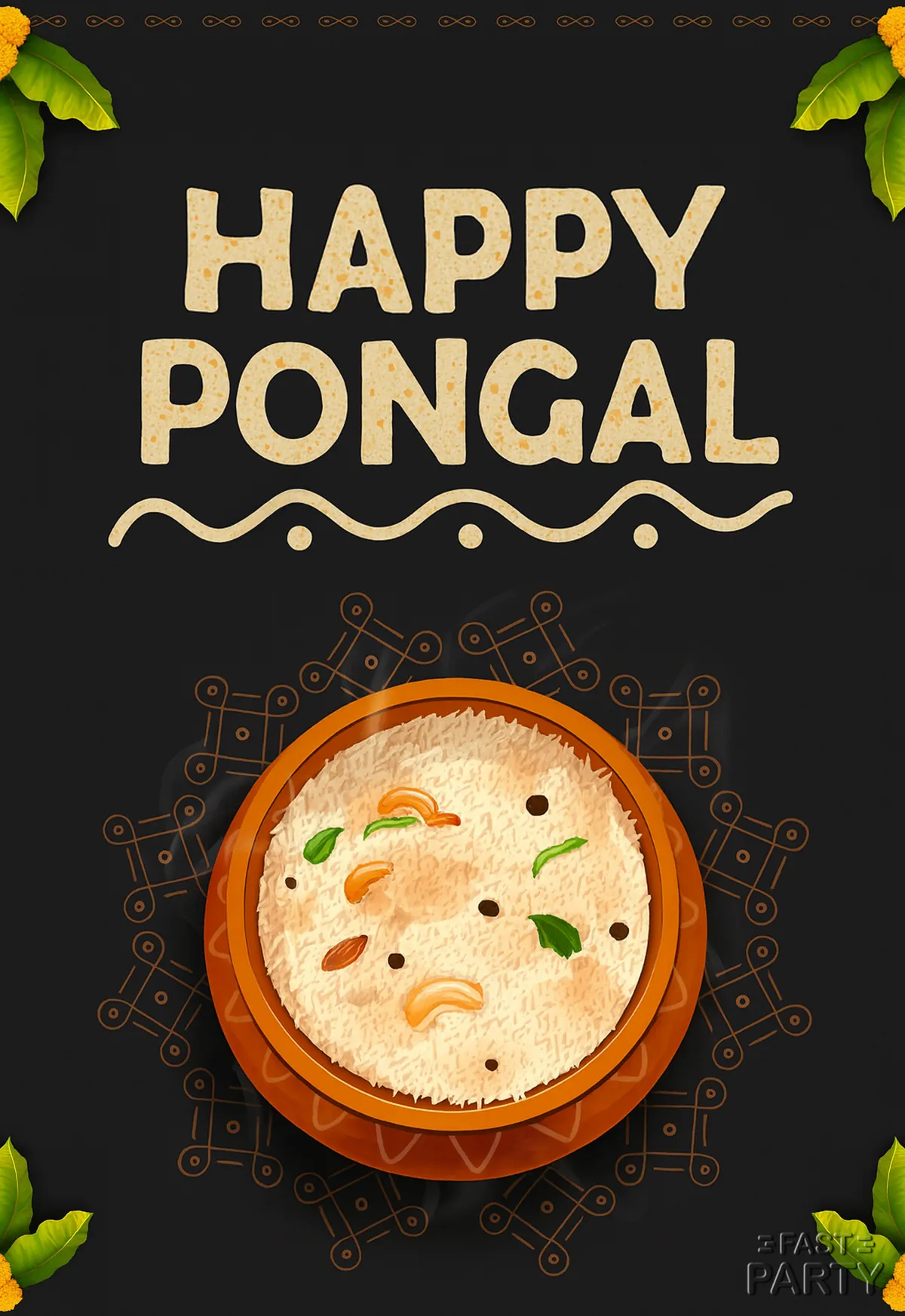 Pongal card with an overhead bowl of sweet pongal on black