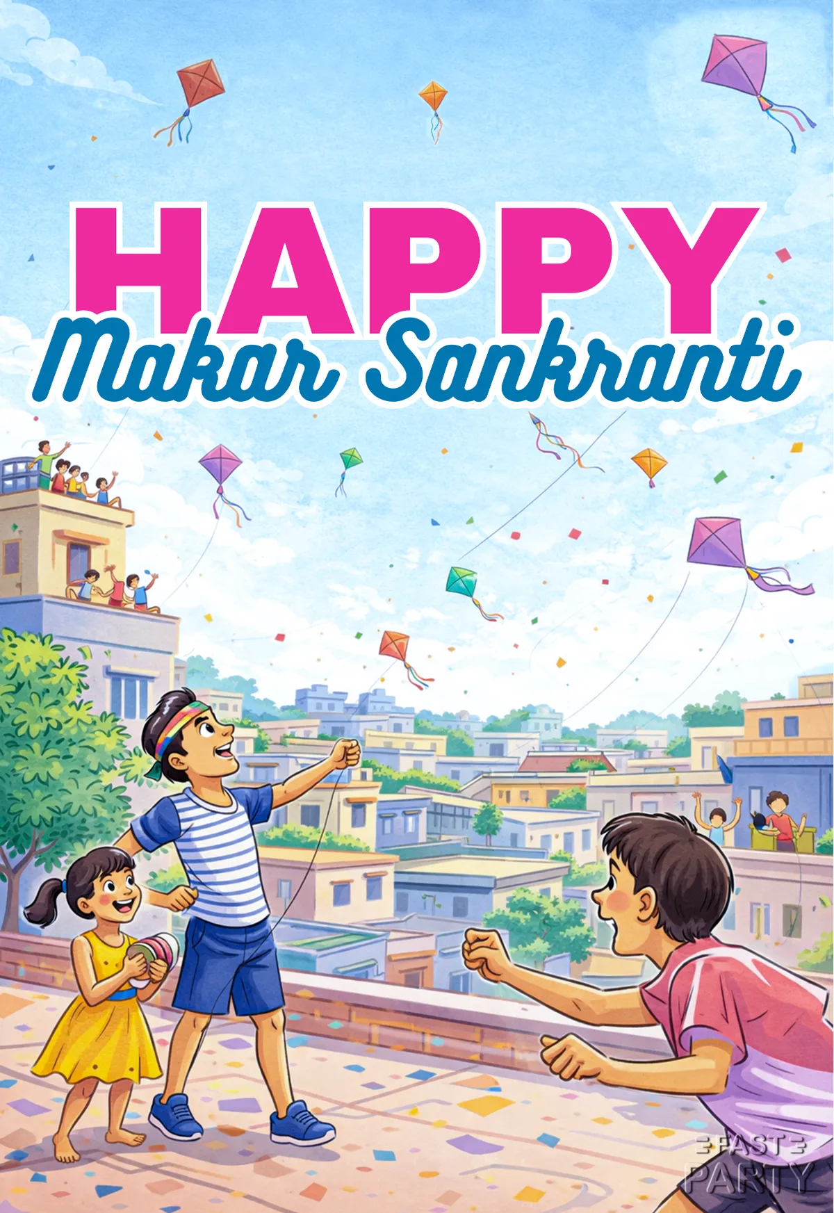 Makar Sankranti card with children flying kites from a rooftop