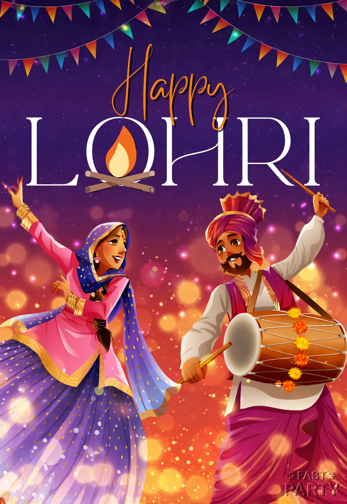 Lohri card with a couple in Punjabi dress dancing with a dhol