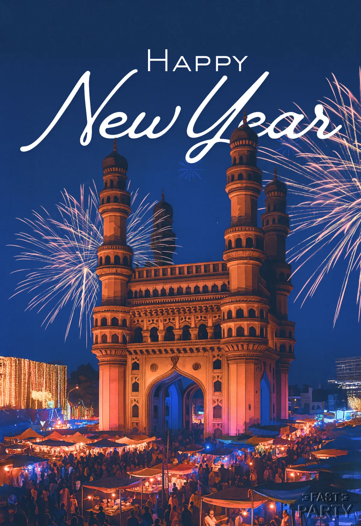 New Year card with fireworks above the Charminar at night