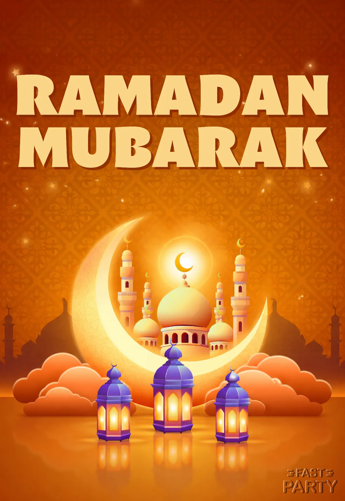 Ramadan Mubarak card with a crescent moon, mosque and lit lanterns