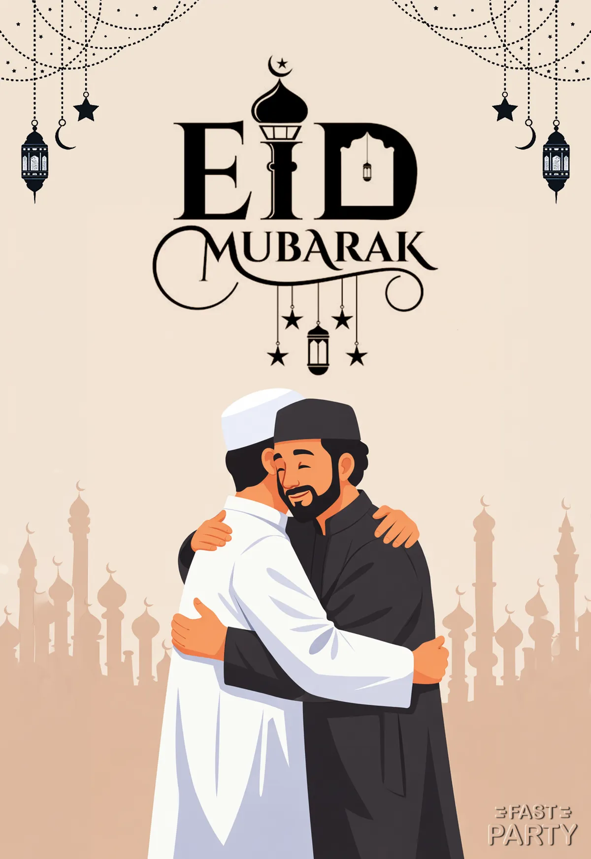 Eid Mubarak card with two men embracing after prayers before a mosque