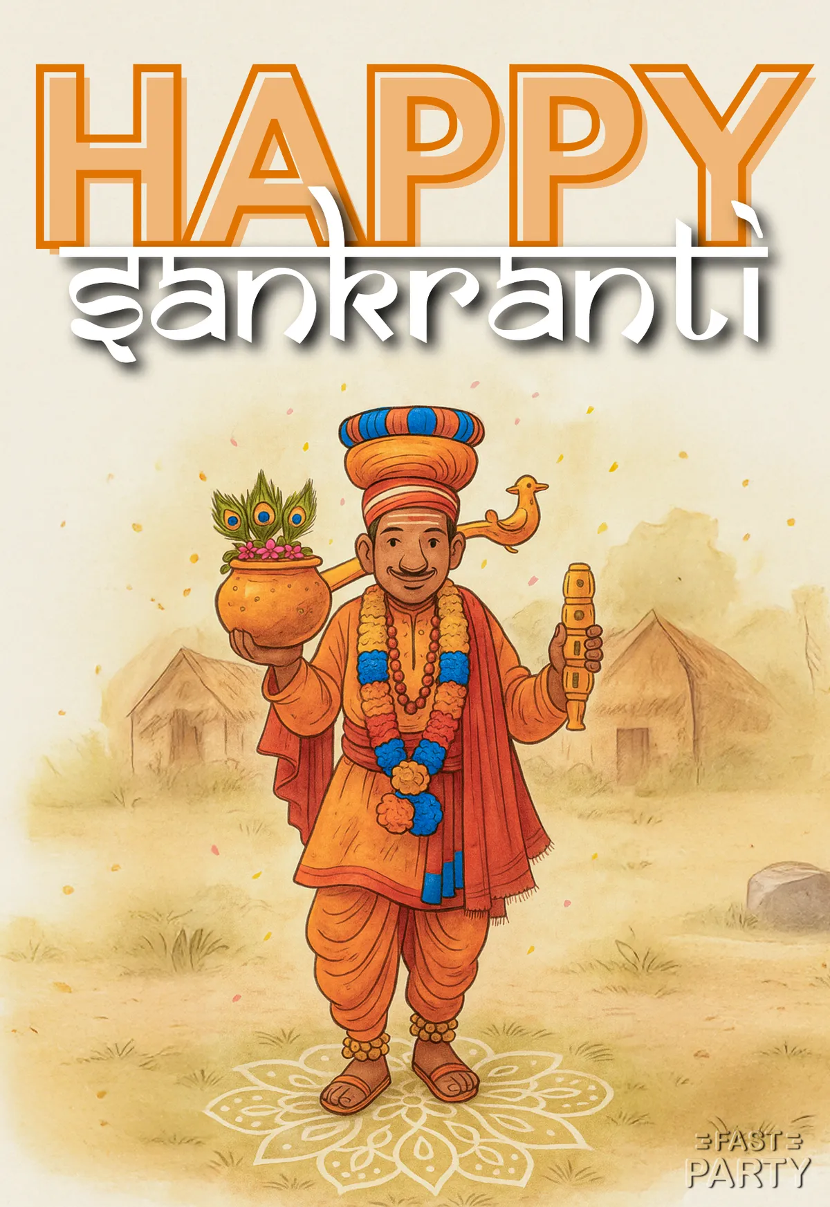 Sankranti card with a Haridasu carrying a pot through a village