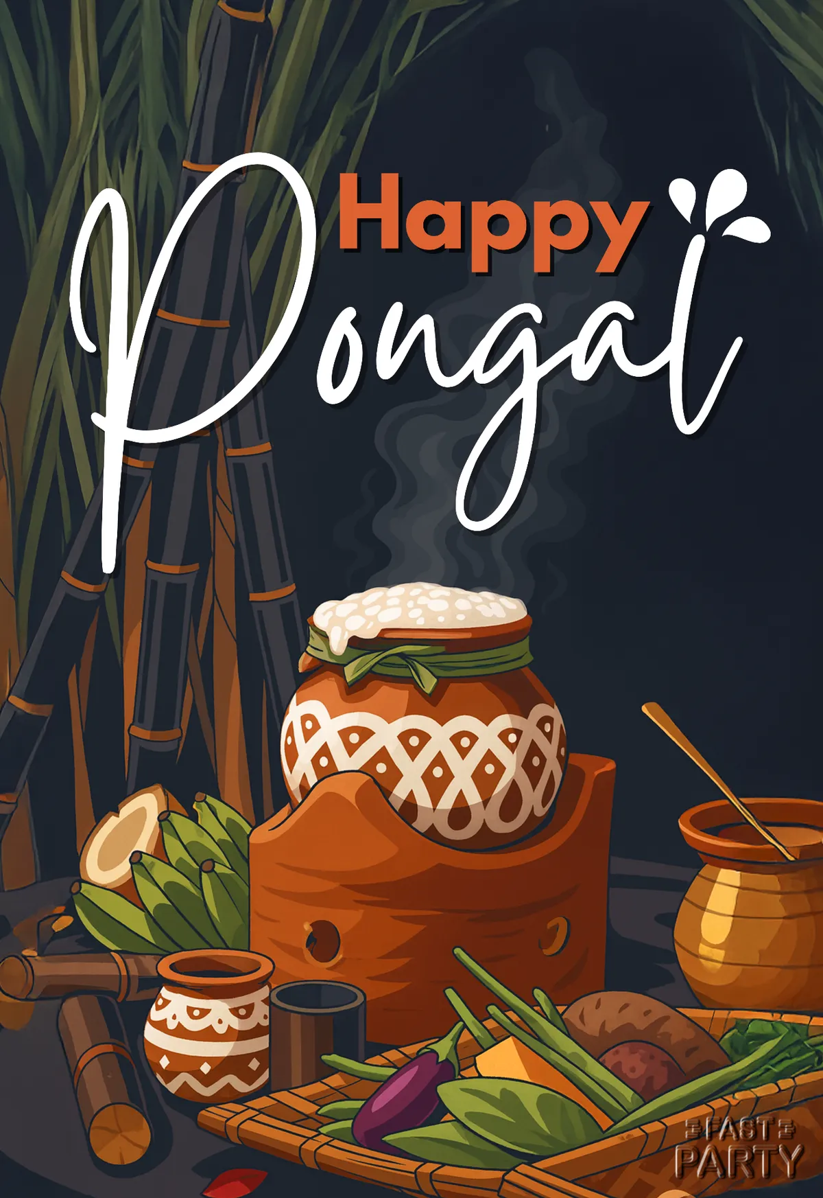 Pongal card with a clay pot boiling over beside sugarcane and vegetables