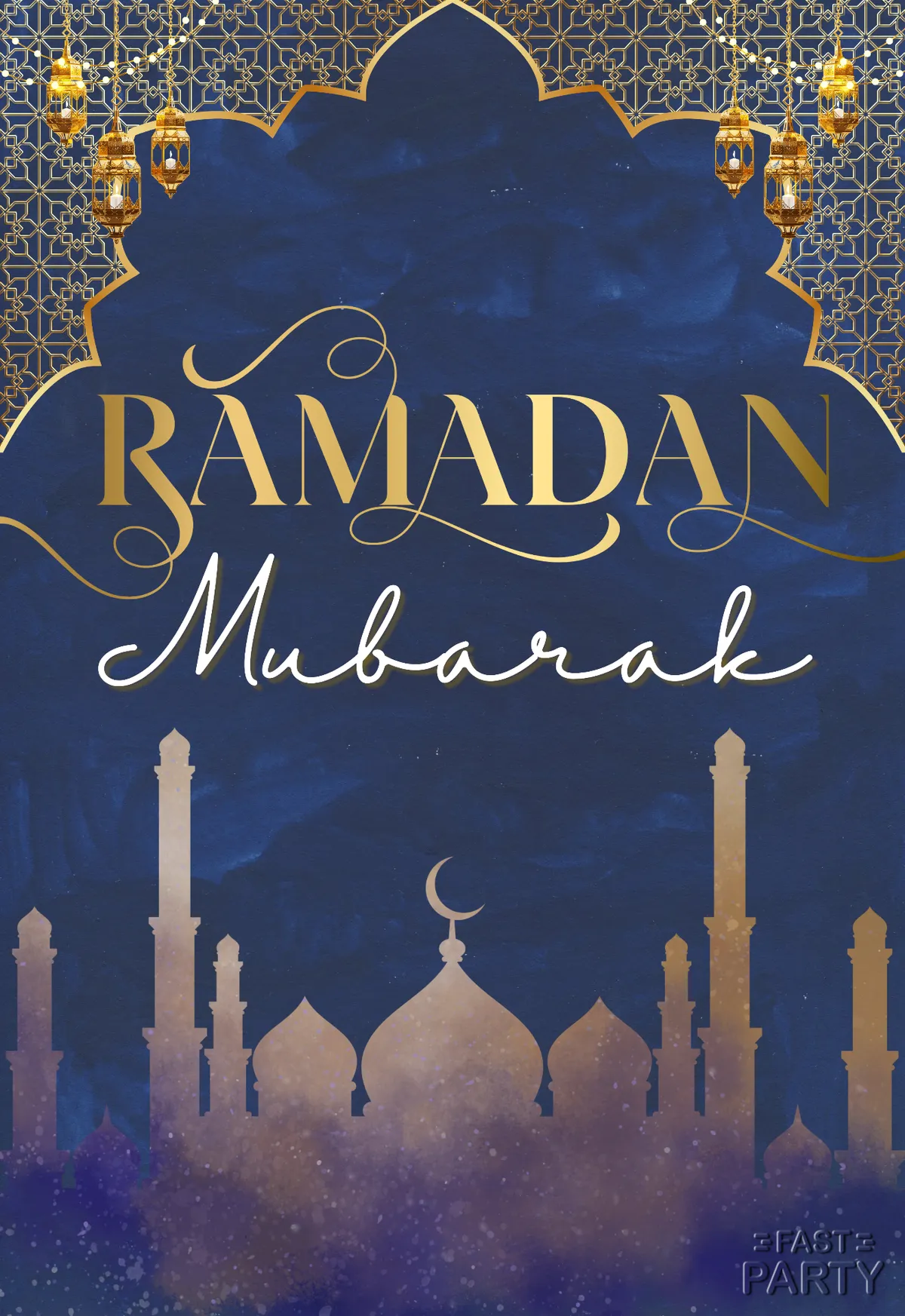 Ramadan Mubarak card with a deep blue arch hung with lanterns