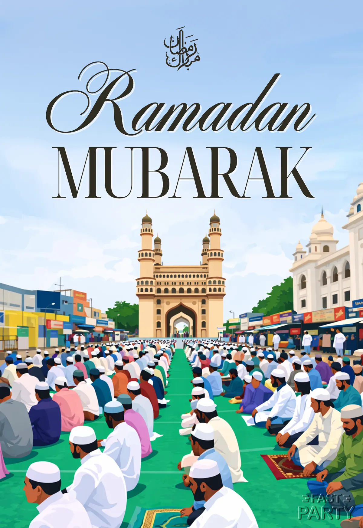 Ramadan Mubarak card with rows of worshippers praying before the Charminar