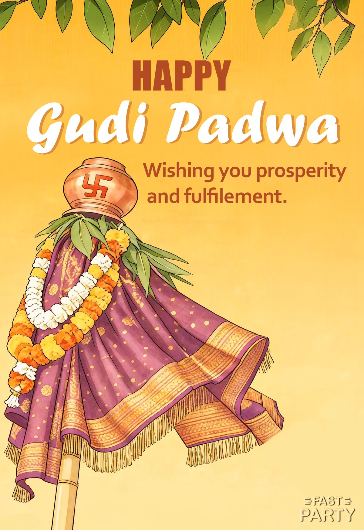 Gudi Padwa card with the gudi raised with cloth, garland and pot