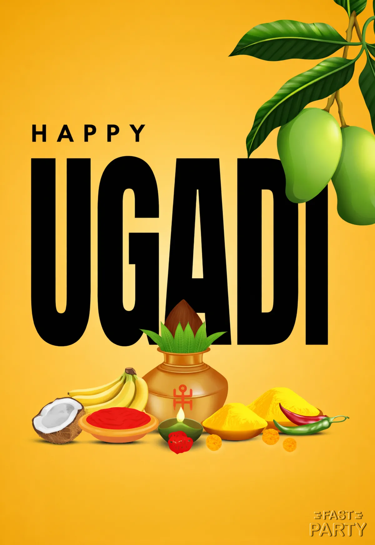 Ugadi card with a kalash of mango leaves surrounded by fruit and spices