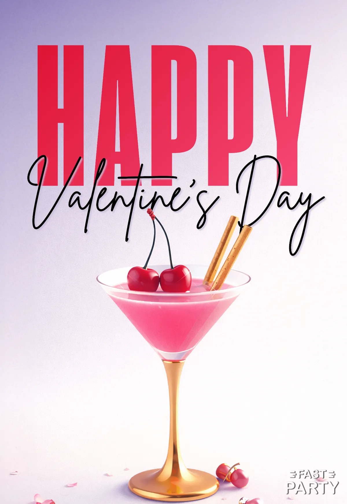 Valentine's Day card with a pink cherry cocktail in a coupe glass