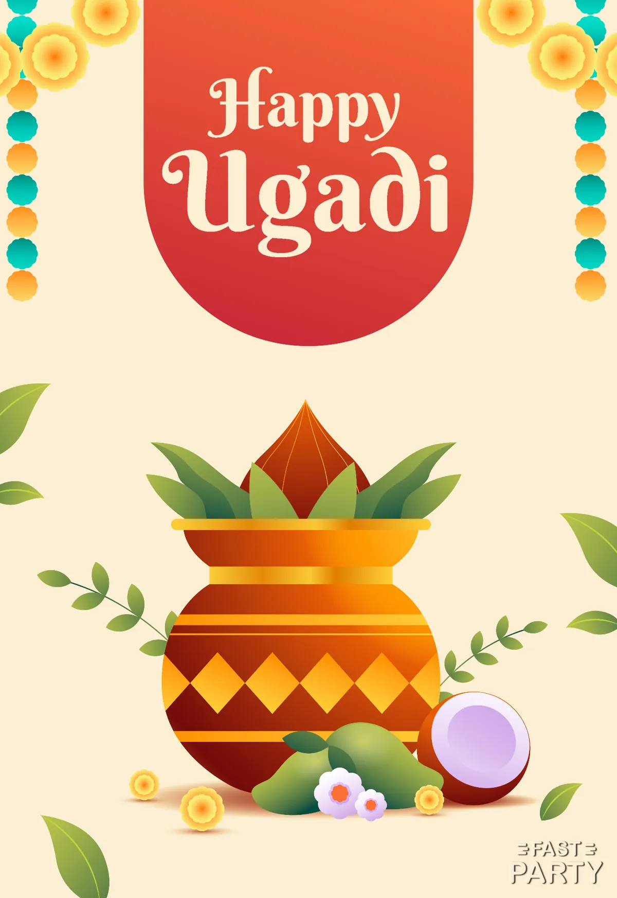Ugadi card with a painted kalash of mango leaves and a coconut on cream