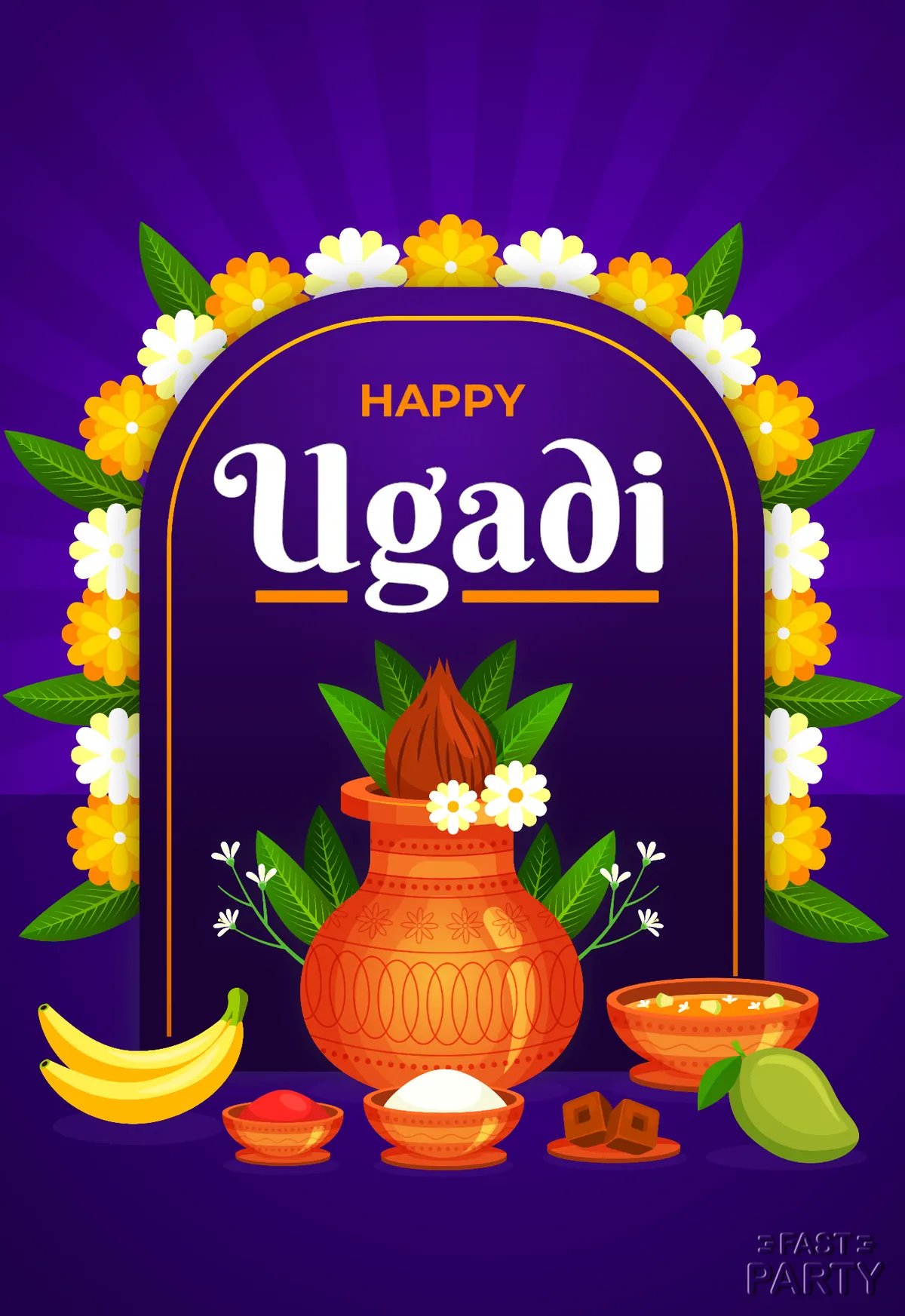 Ugadi card with a marigold and jasmine arch over a kalash on purple