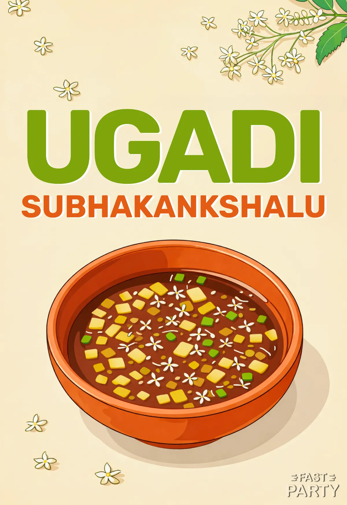 Ugadi Subhakankshalu card with an earthen bowl of pachadi and neem flowers