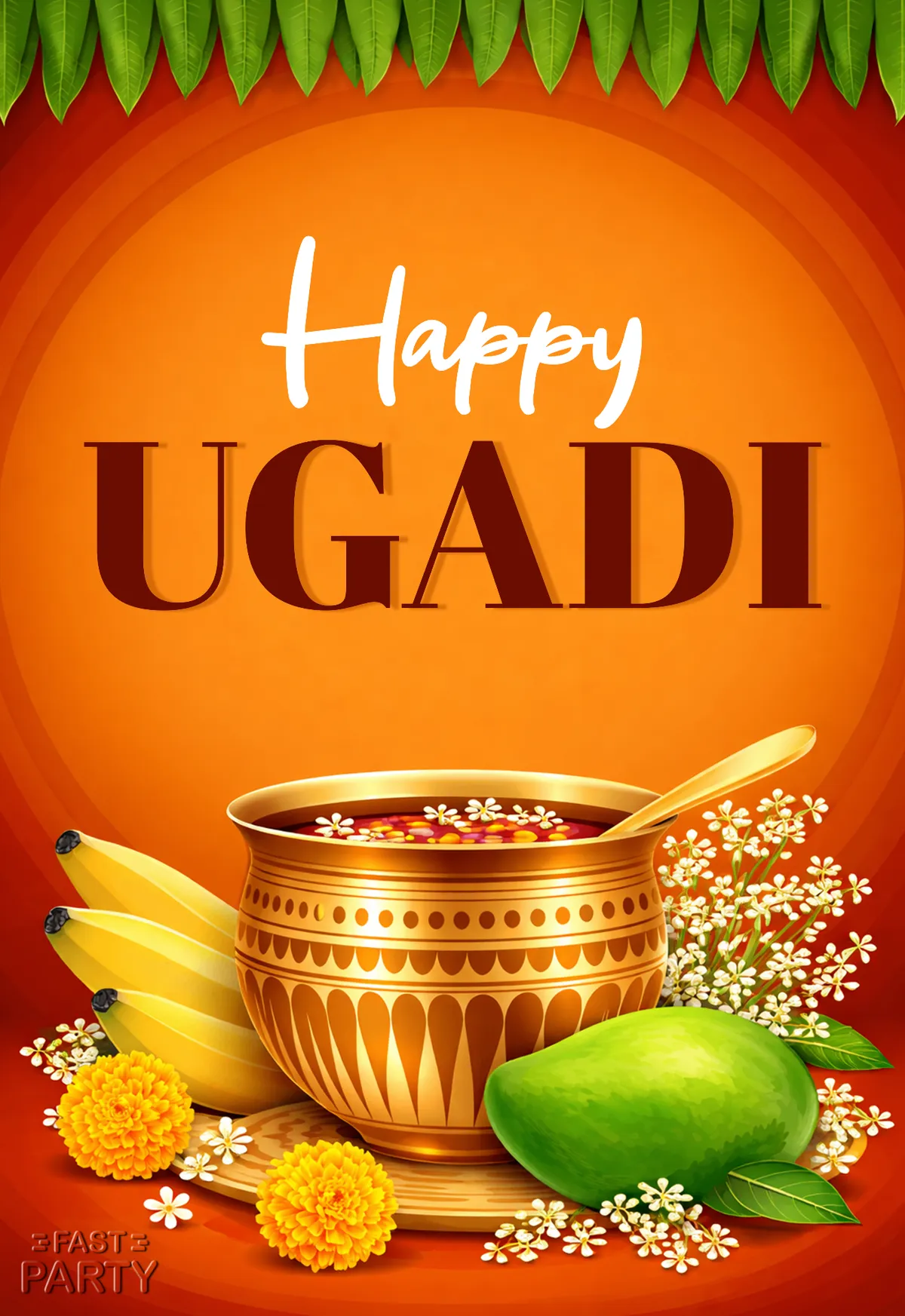 Ugadi card with a brass bowl of pachadi beside bananas and a mango