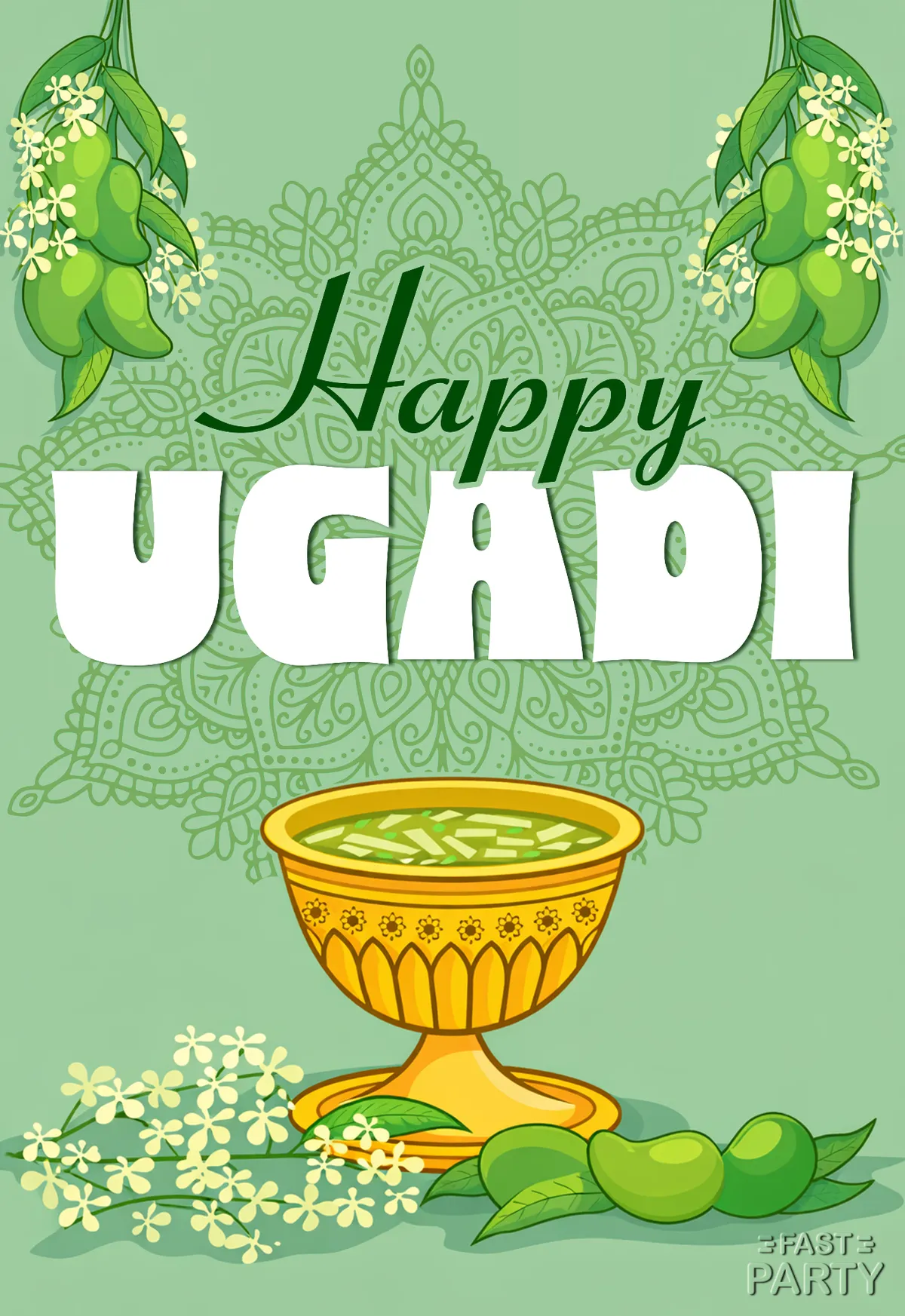 Ugadi card with a gold cup of pachadi among neem flowers on green