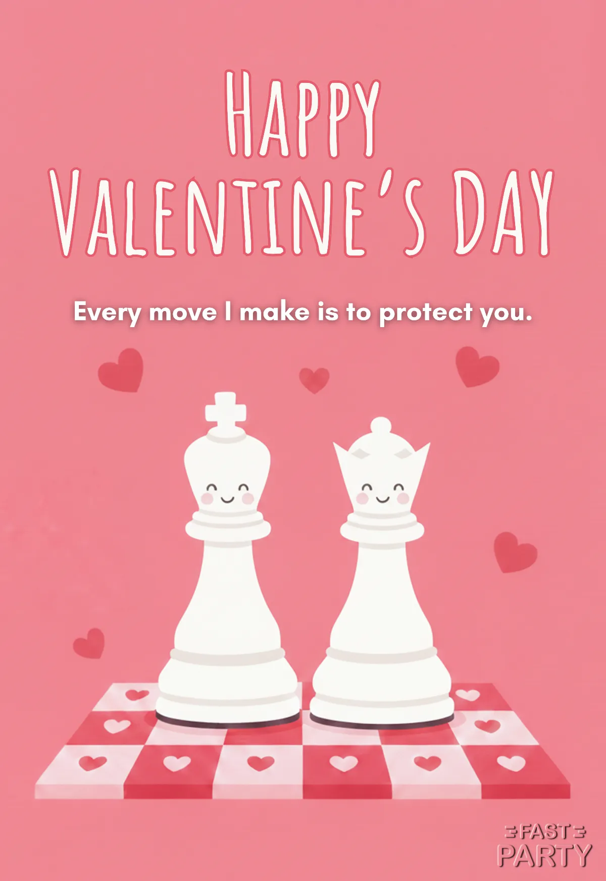Valentine's Day card with a chess king and queen on a heart-patterned board
