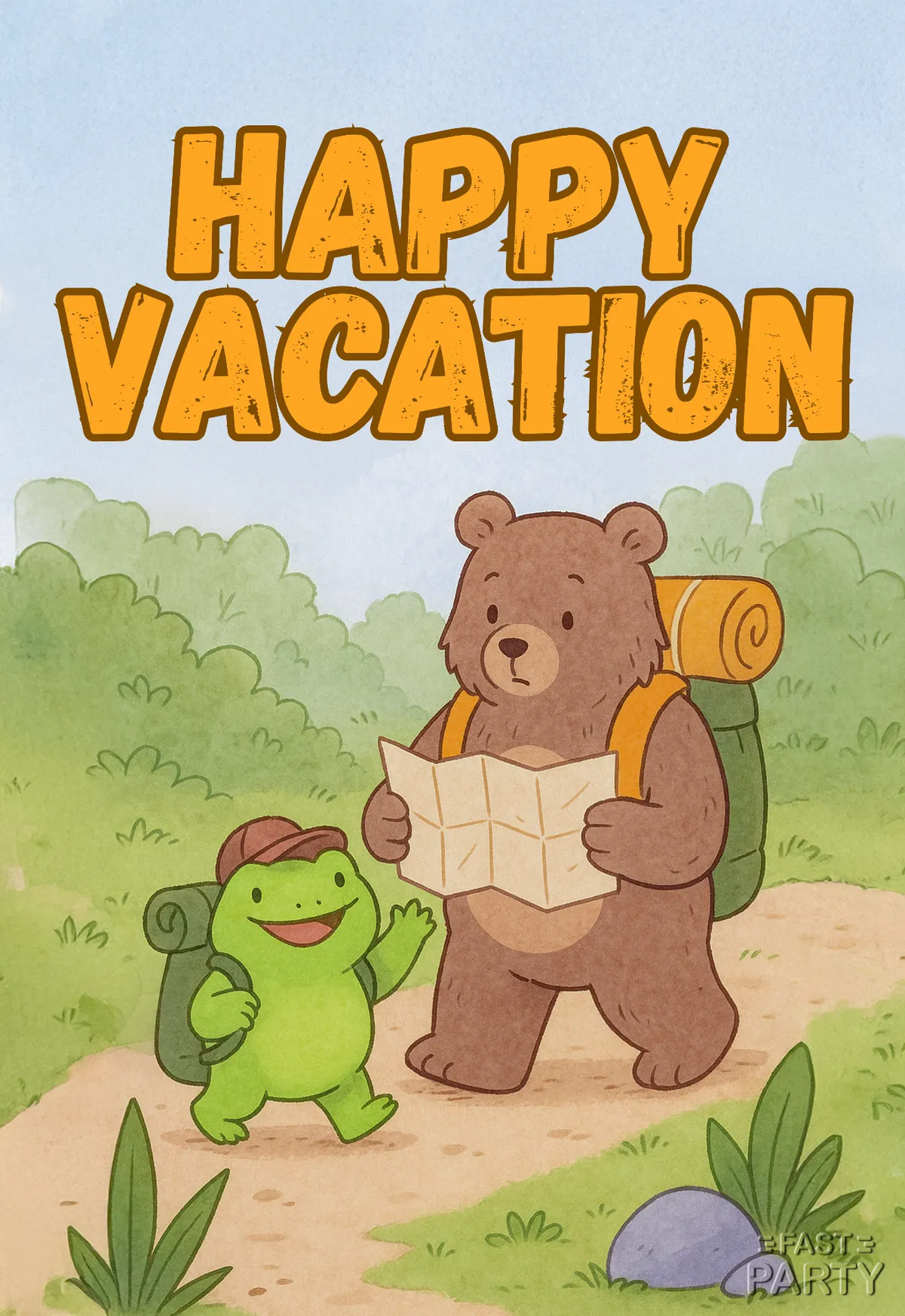 Happy Vacation card with a bear reading a map beside a waving frog