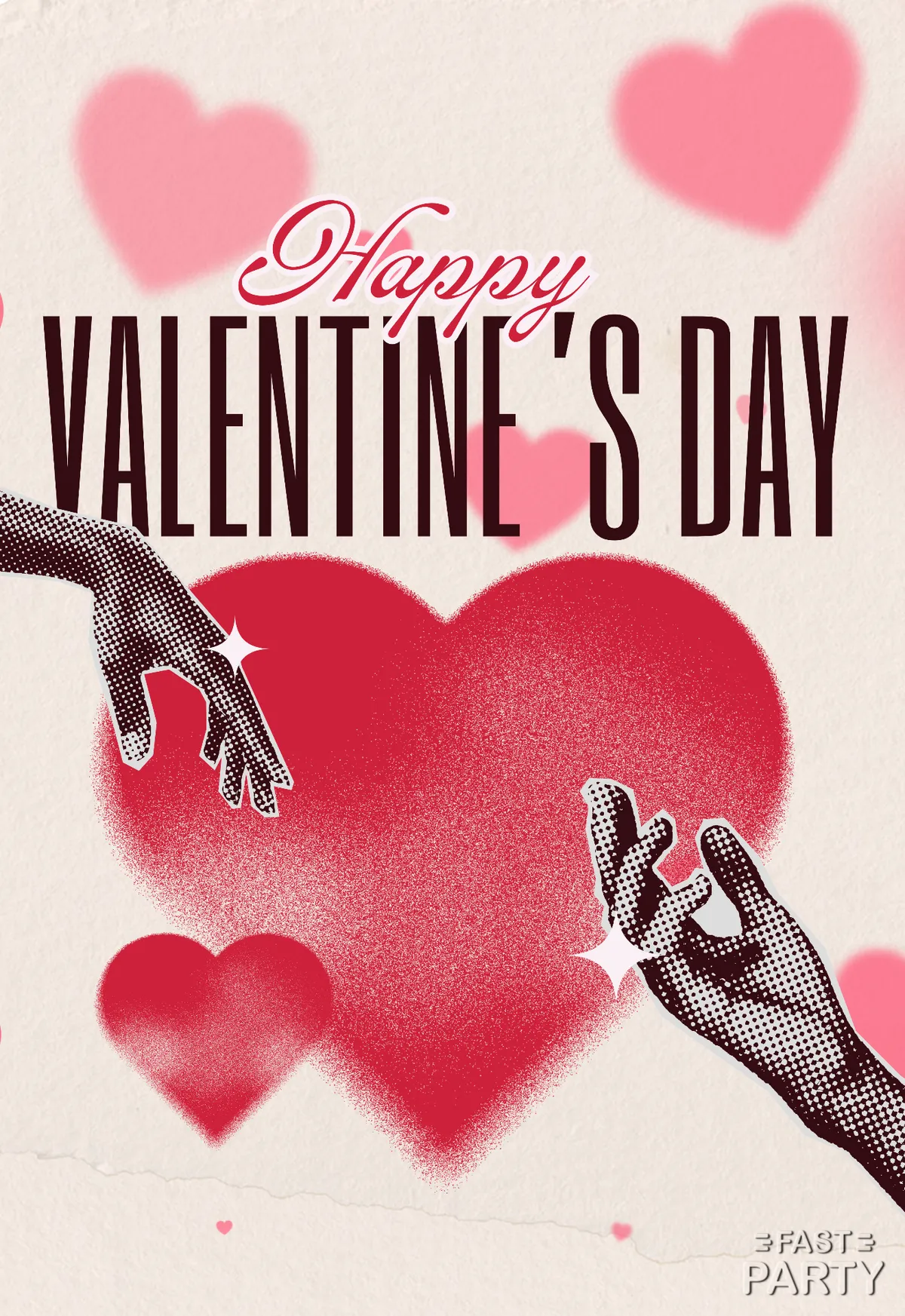 Valentine's Day card with two hands almost touching among halftone hearts
