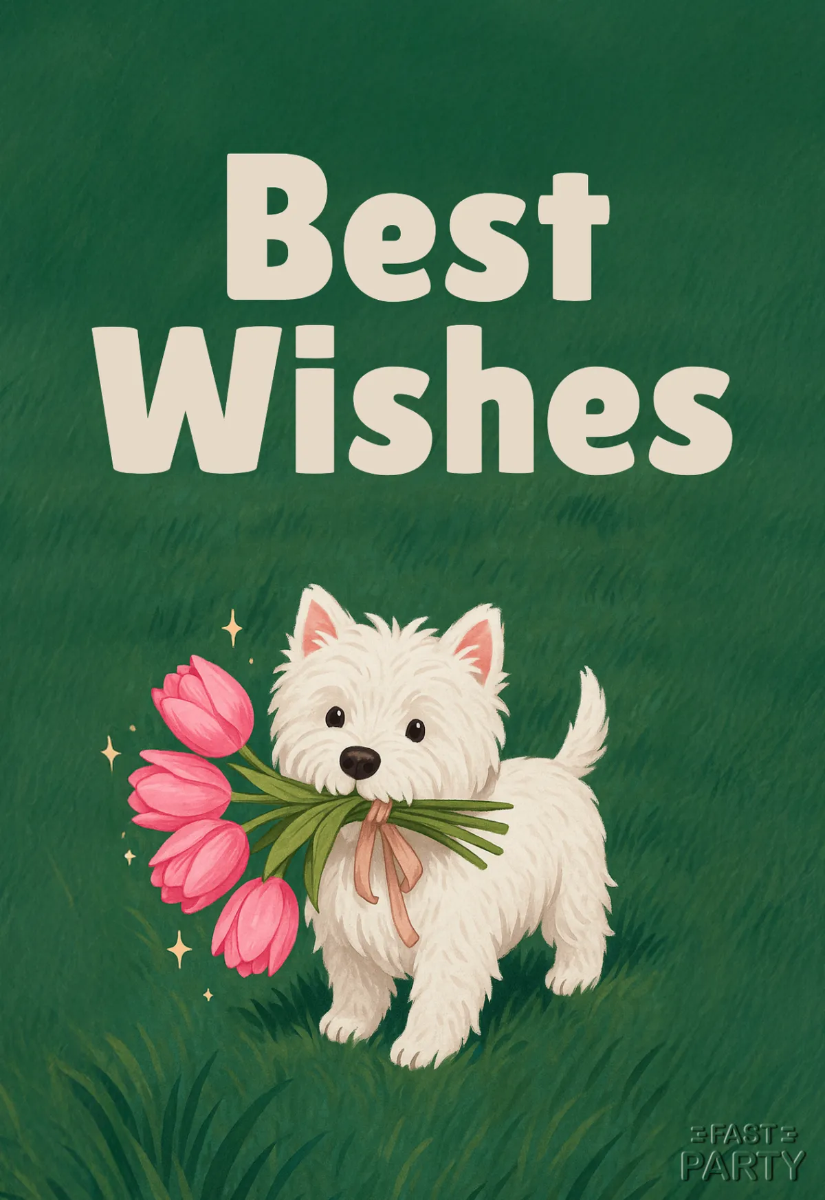 Best Wishes card with a white terrier carrying pink tulips on green