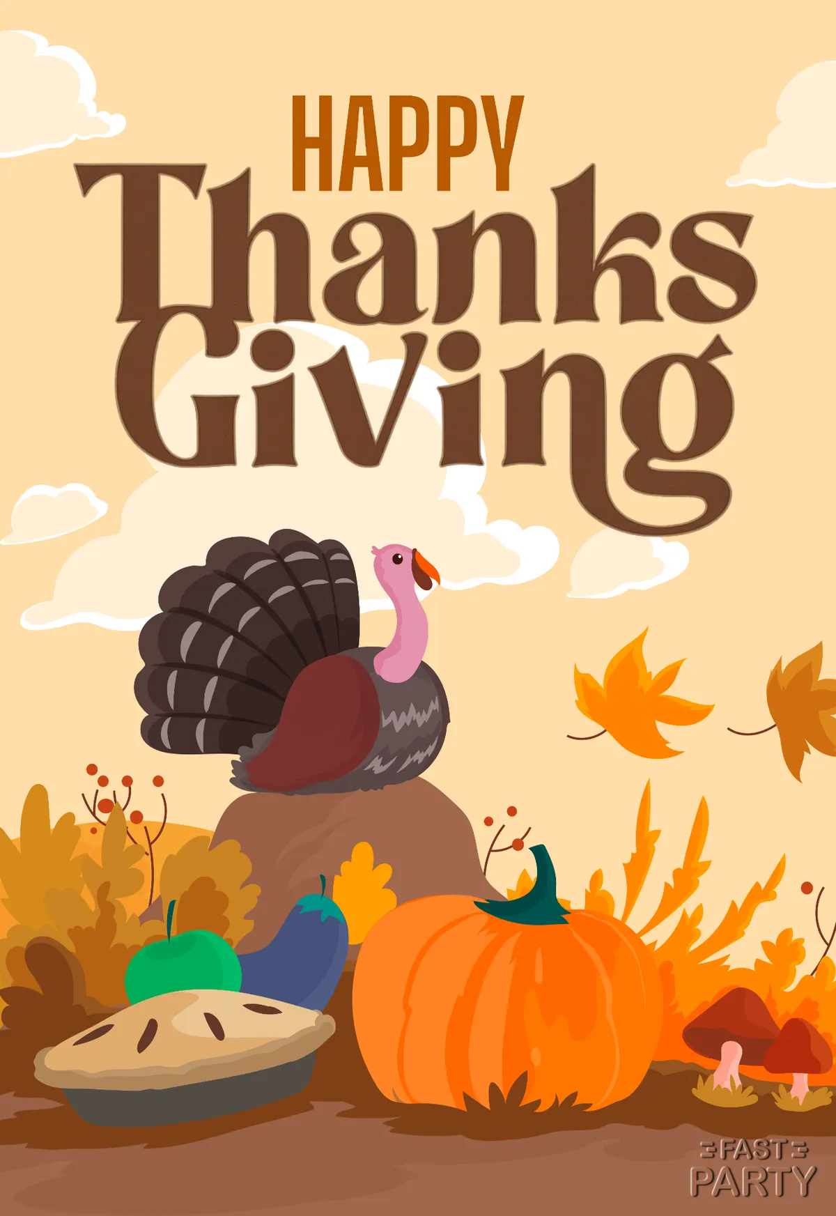 Thanksgiving card with a turkey among pumpkins, a pie and autumn leaves