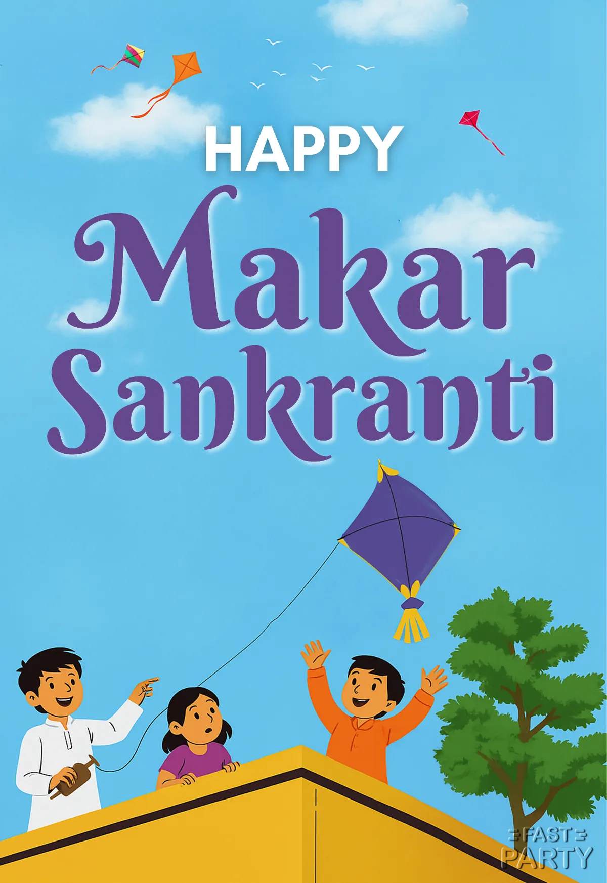 Makar Sankranti greeting with a family flying kites from a rooftop