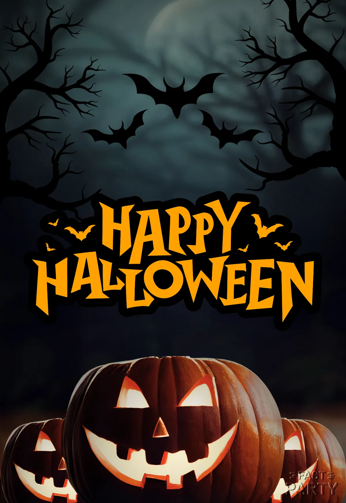 Happy Halloween greeting with glowing jack-o'-lanterns under bats