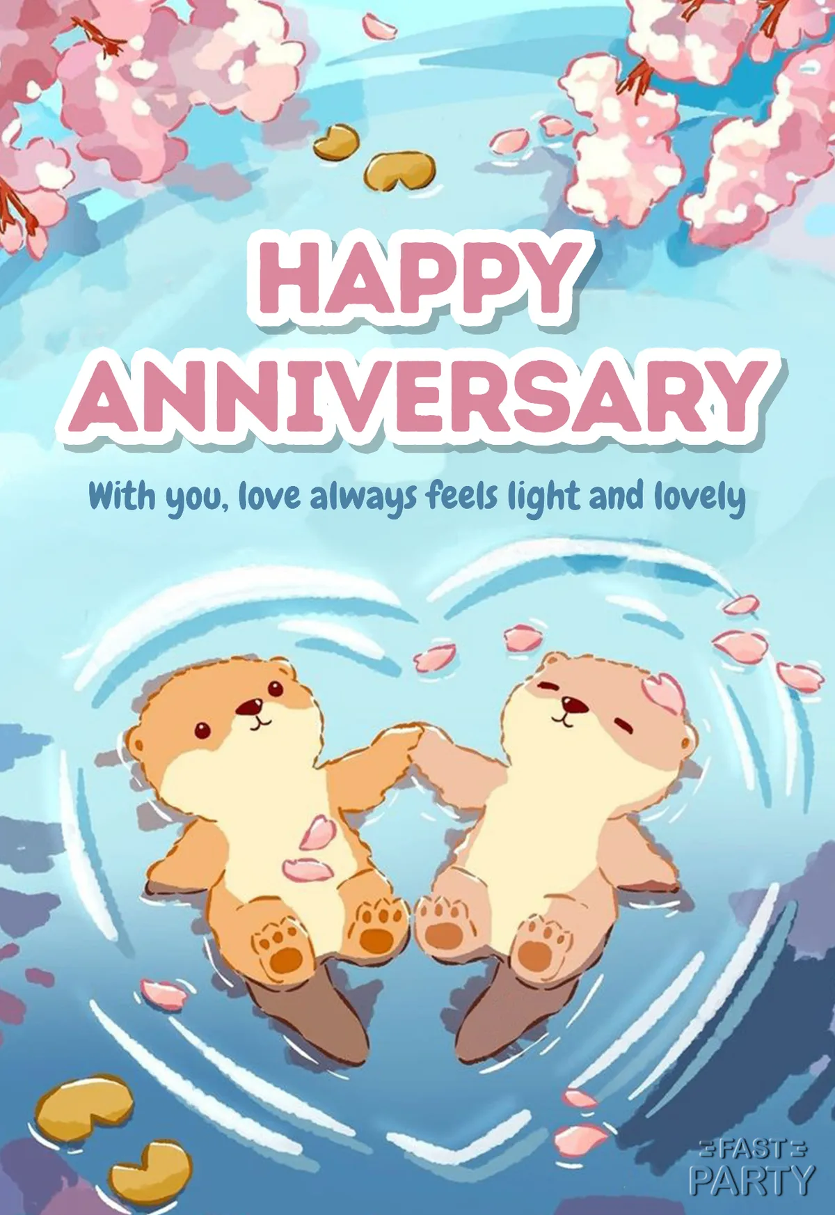 Happy Anniversary greeting with two otters holding hands in water