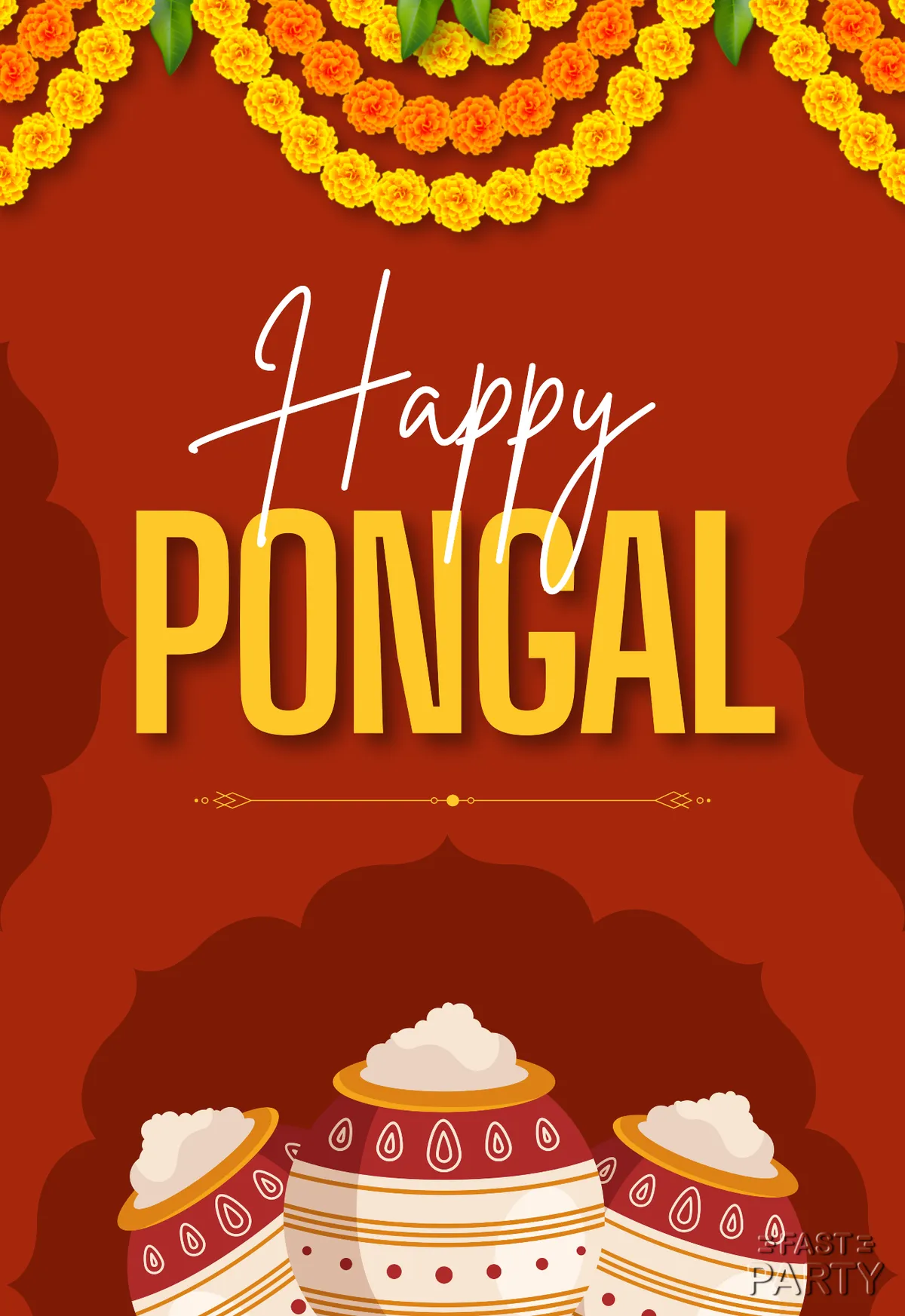 Happy Pongal greeting with decorated pots under a marigold garland on red