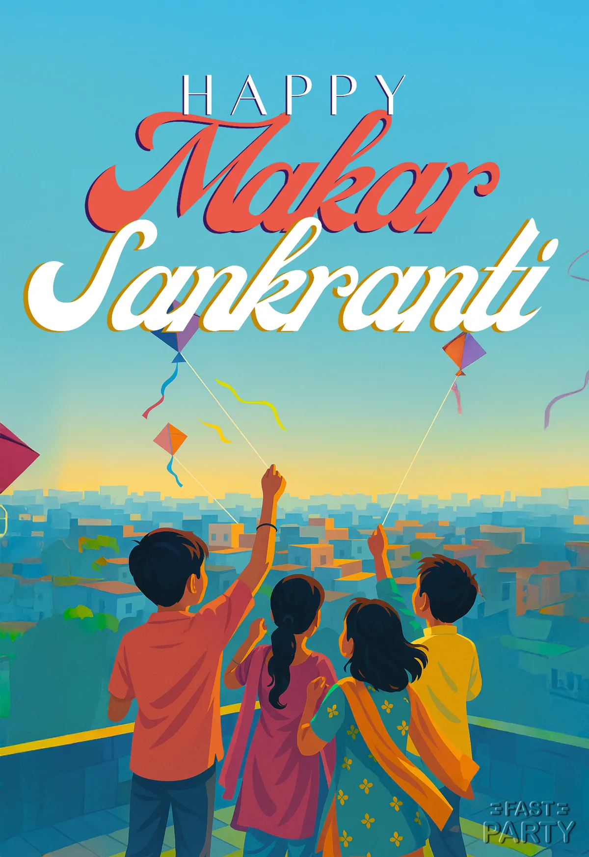 Makar Sankranti greeting with a family flying kites at dusk