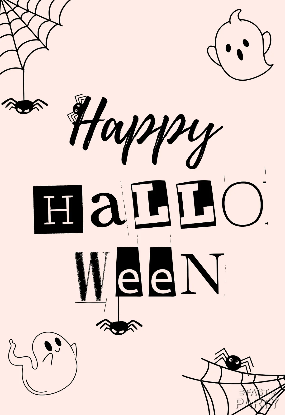 Happy Halloween greeting in cut-out letters with ghosts and spiders
