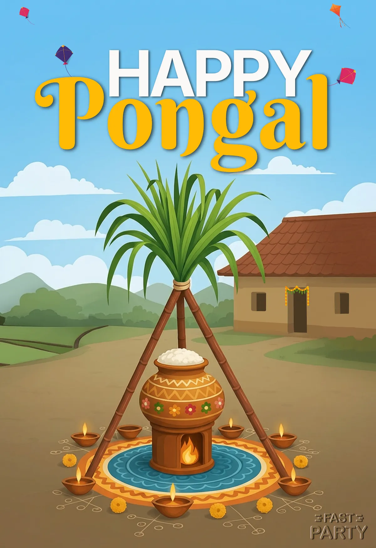 Happy Pongal greeting with a boiling pot, sugarcane and a village