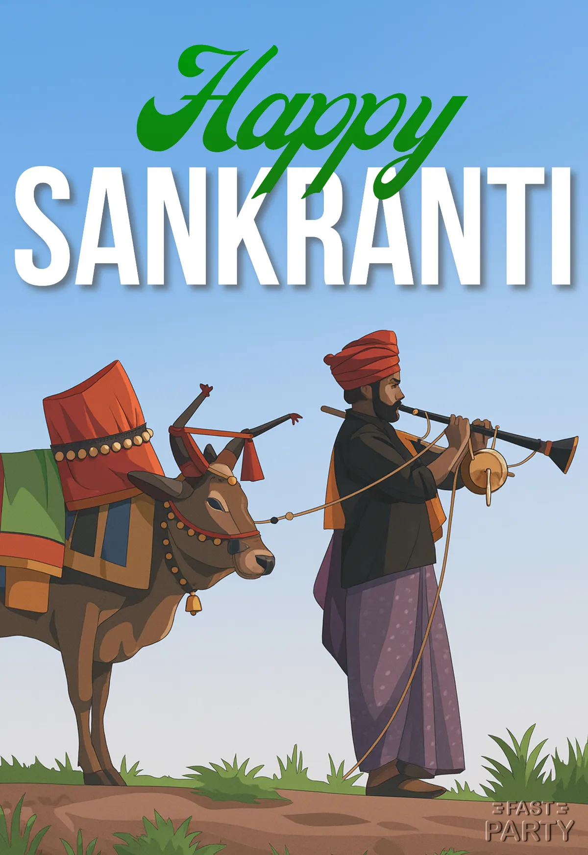 Happy Sankranti greeting with a decorated Gangireddu bull and piper