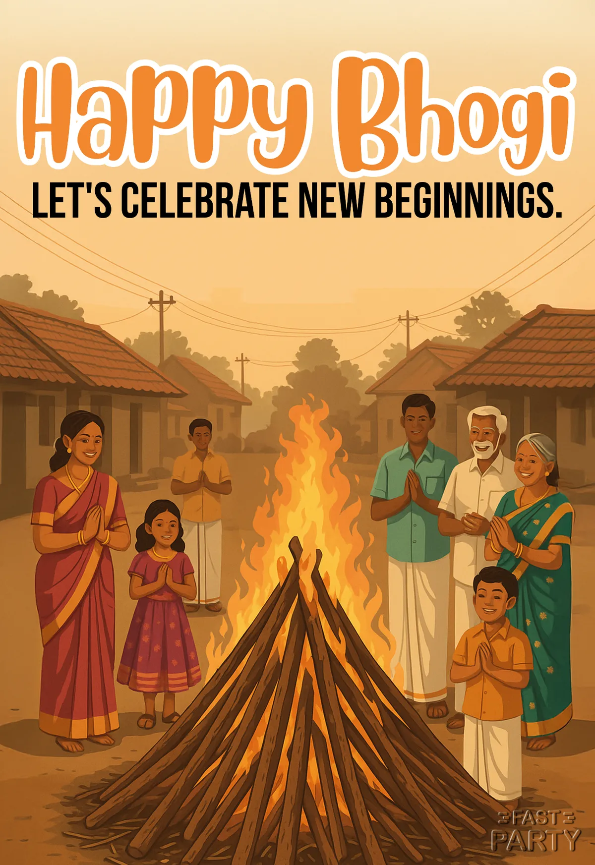 Happy Bhogi greeting with a family around a bonfire at dawn