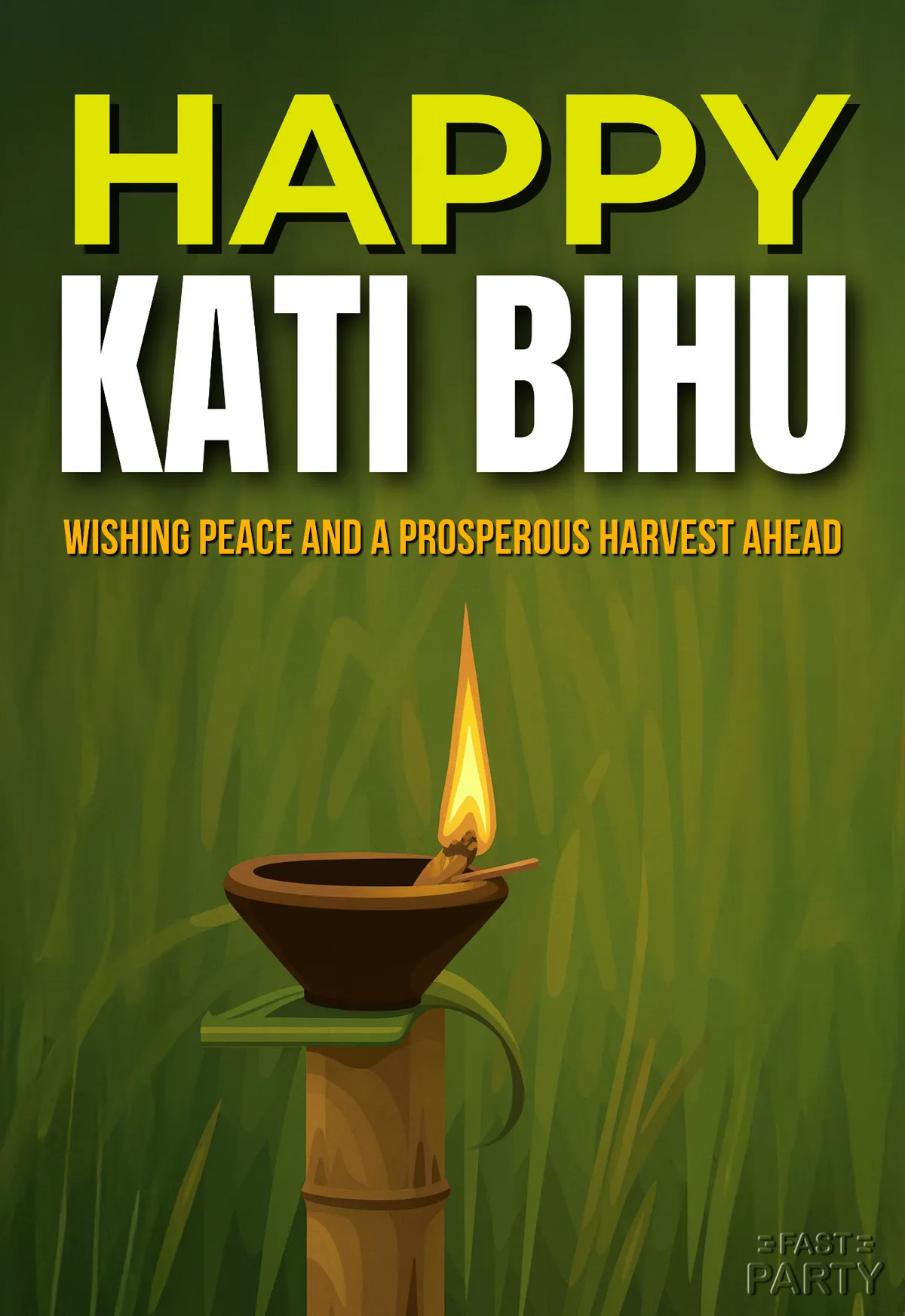 Happy Kati Bihu greeting with an earthen lamp at dusk
