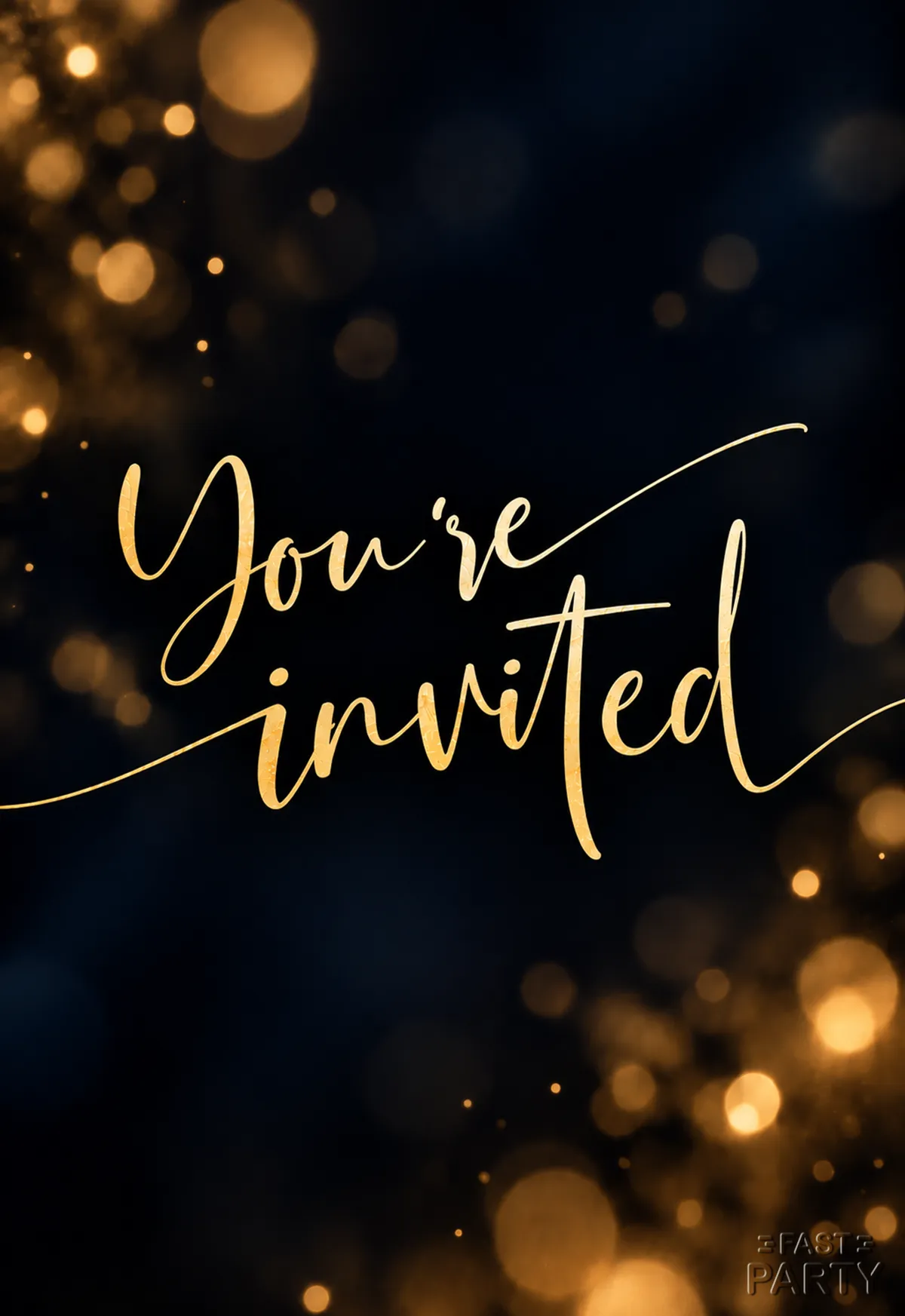 You're Invited card in gold script on navy with golden bokeh lights