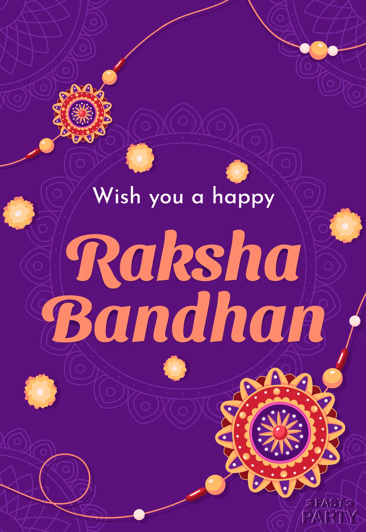 Raksha Bandhan greeting in orange script on purple with mandala rakhis