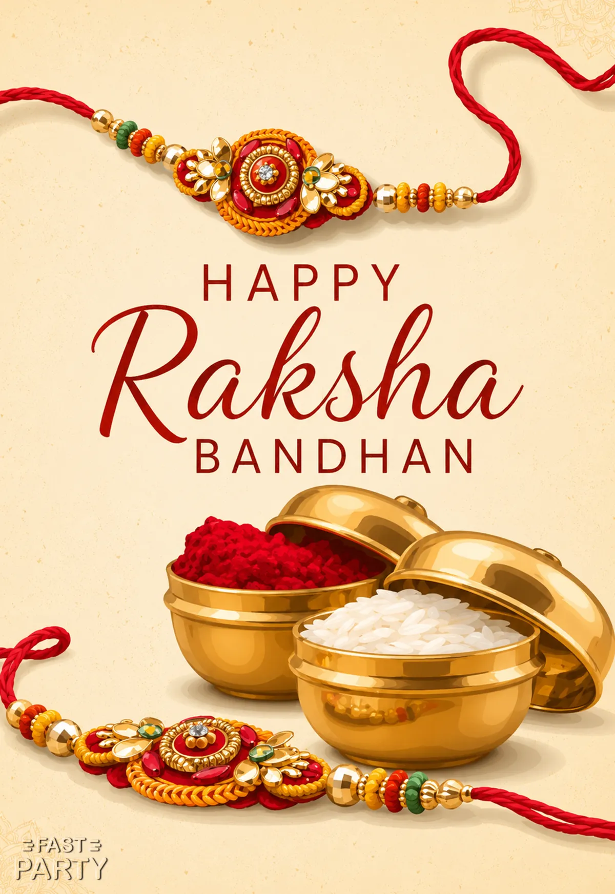Happy Raksha Bandhan greeting with a rakhi and brass bowls of sweets