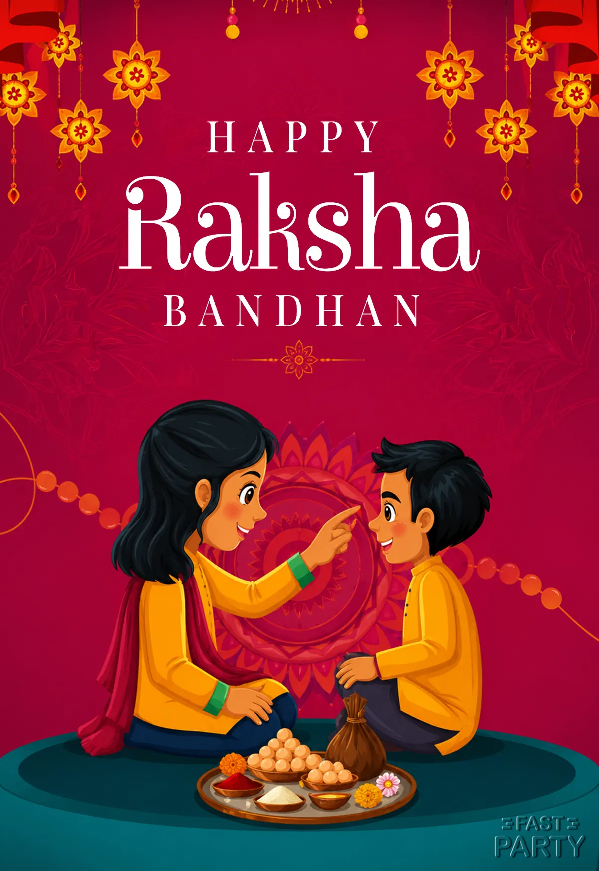 Happy Raksha Bandhan greeting with a sister tying a rakhi
