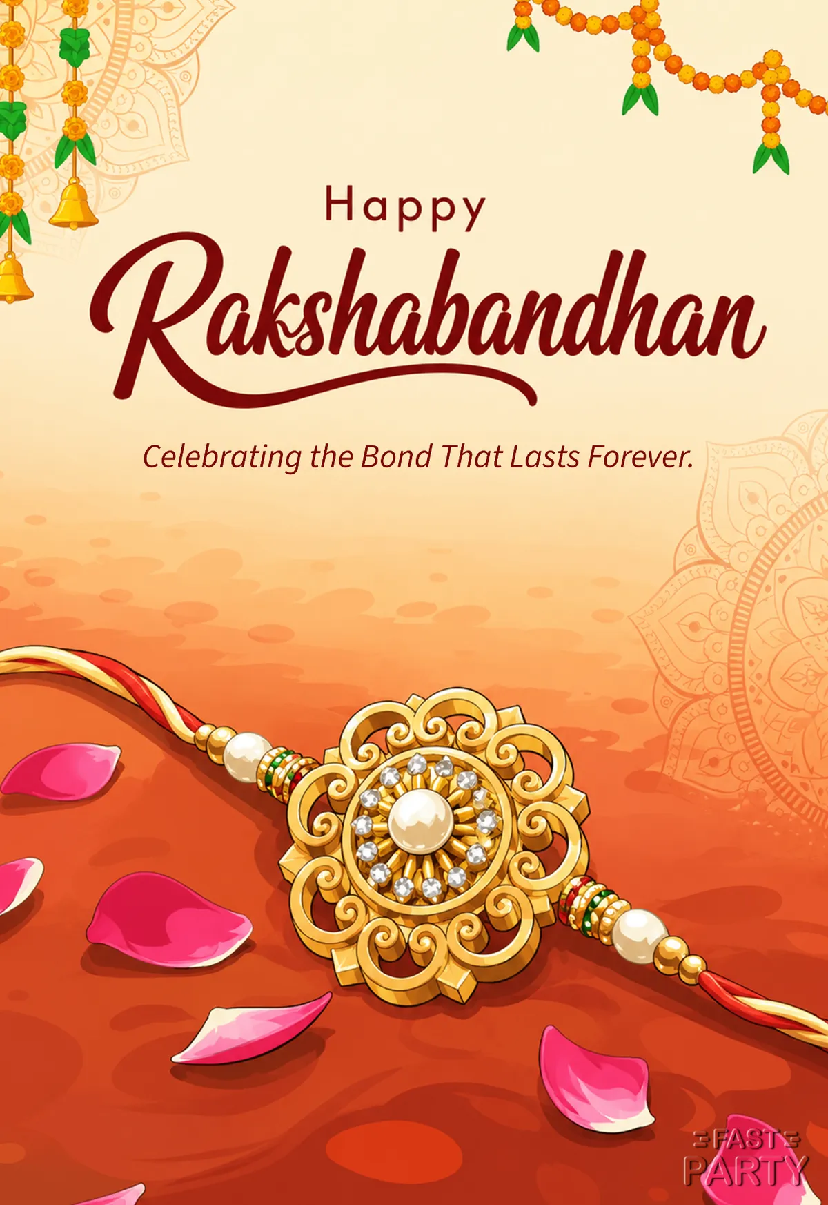 Happy Rakshabandhan greeting with a jewelled rakhi and rose petals