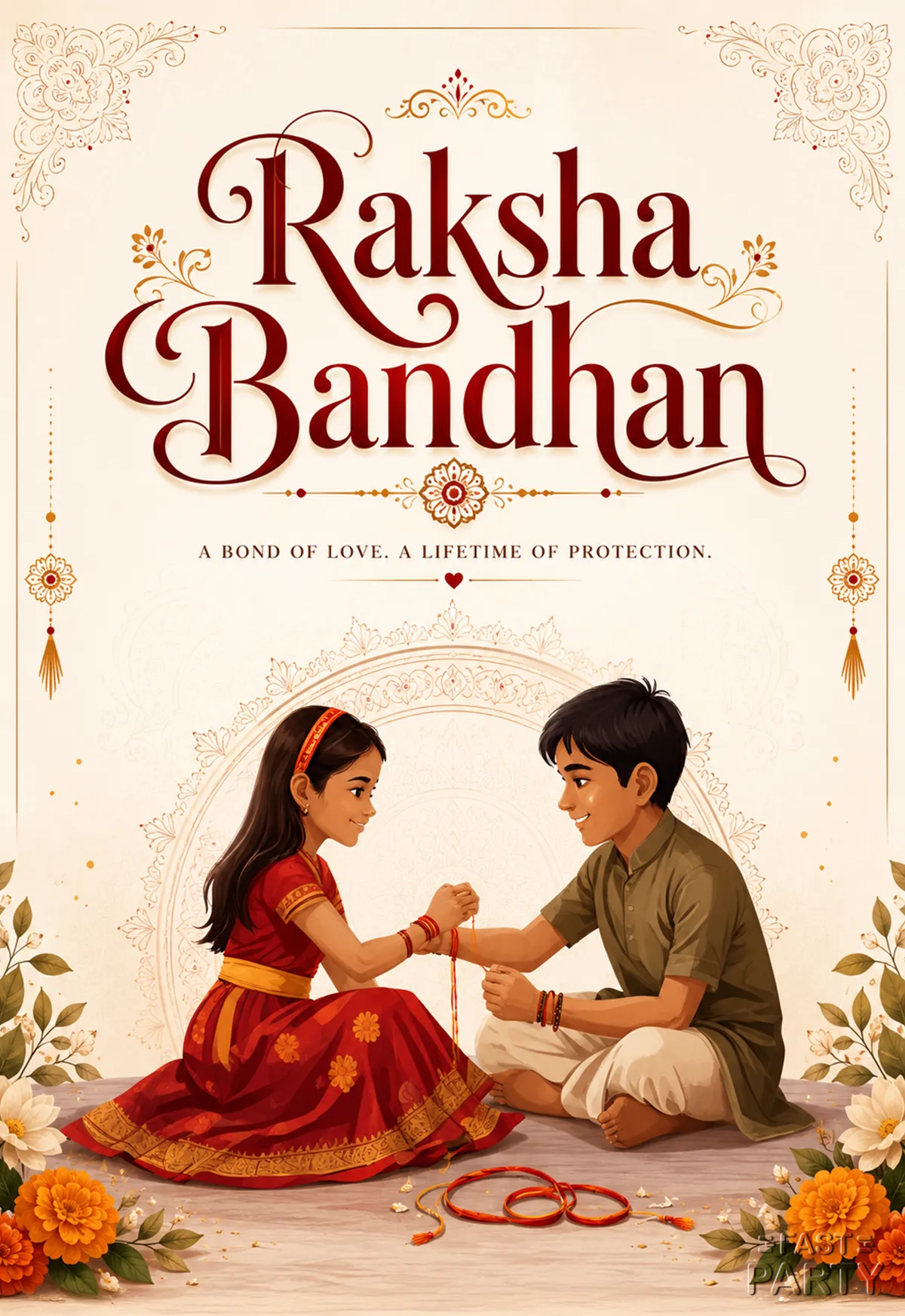 Raksha Bandhan greeting with two children tying a rakhi