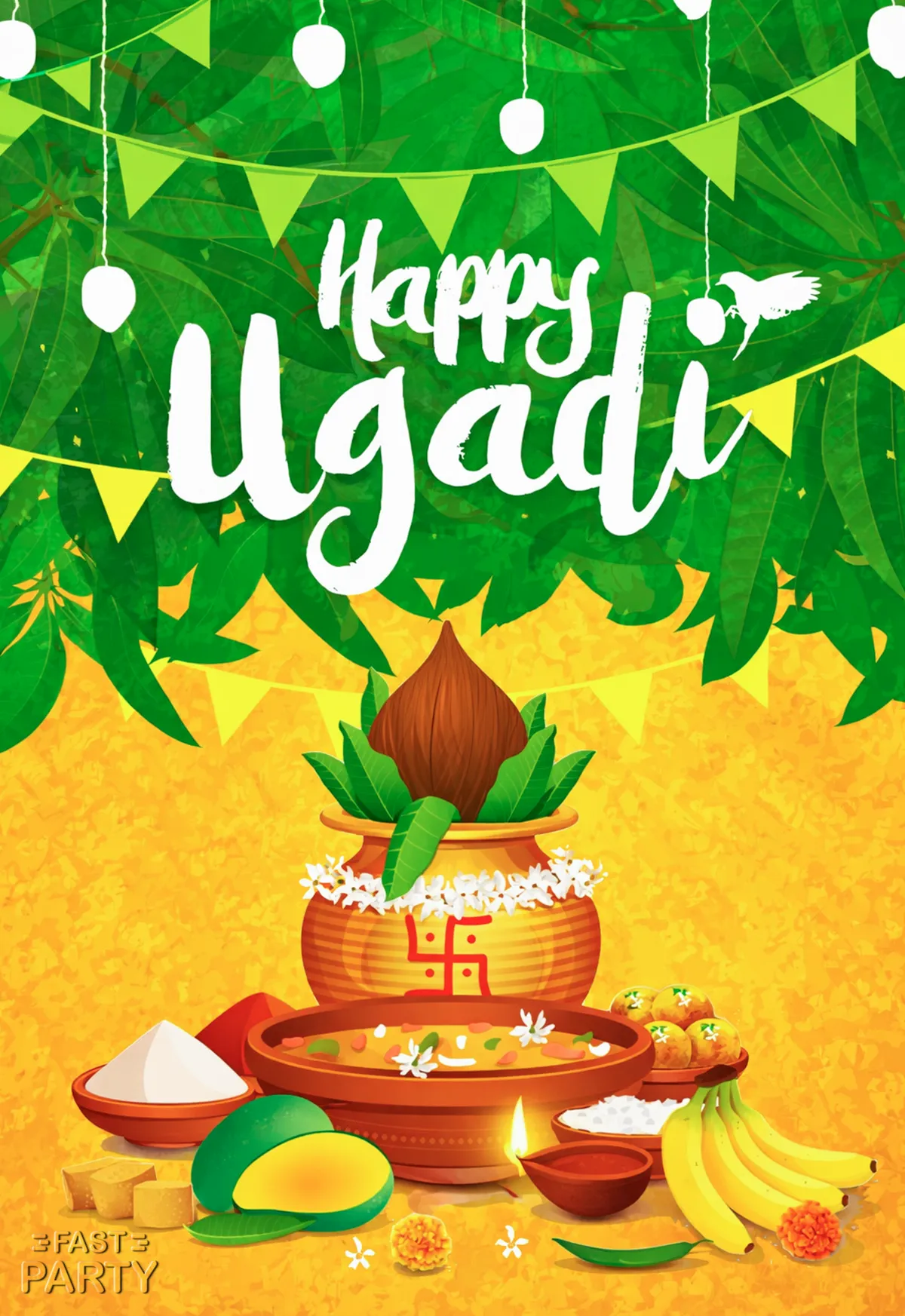 Happy Ugadi greeting with a decorated kalash and mango leaves