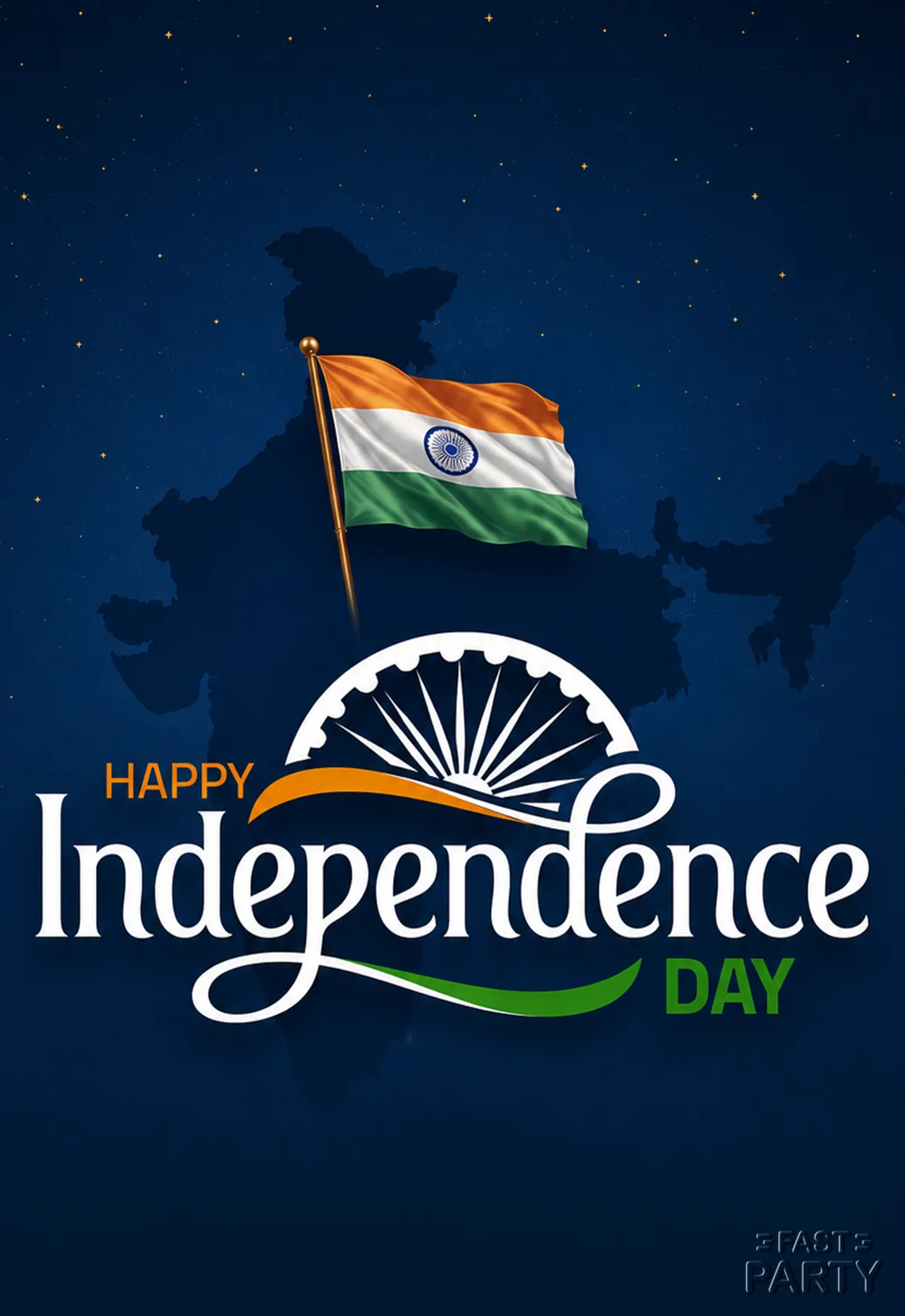 Happy Independence Day greeting with the flag over a map of India
