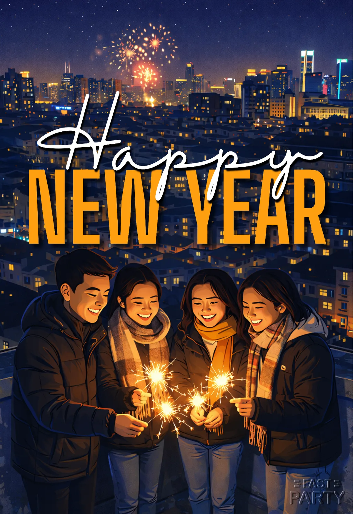 Happy New Year greeting with friends holding sparklers over a city