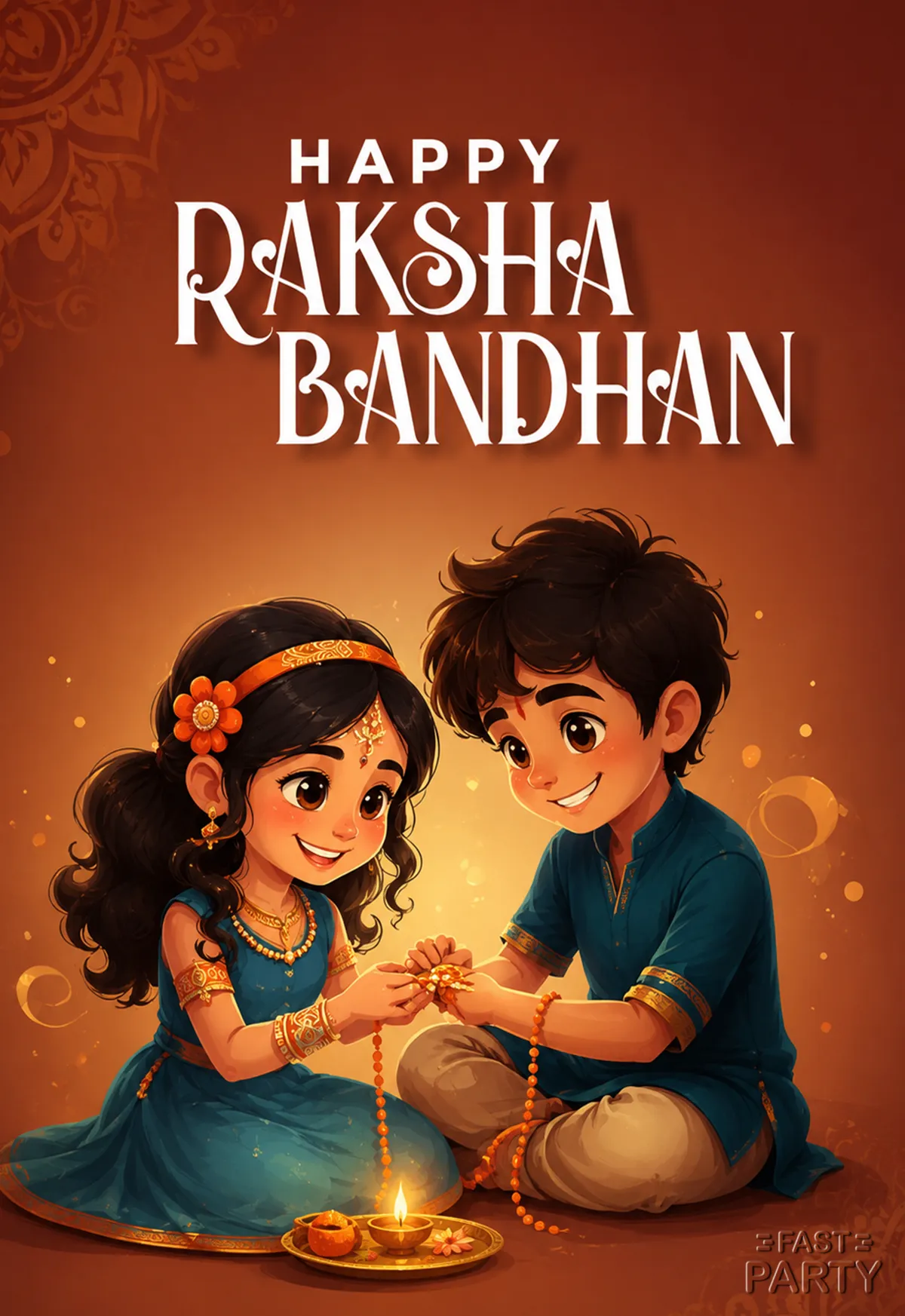 Happy Raksha Bandhan greeting with siblings beside a diya