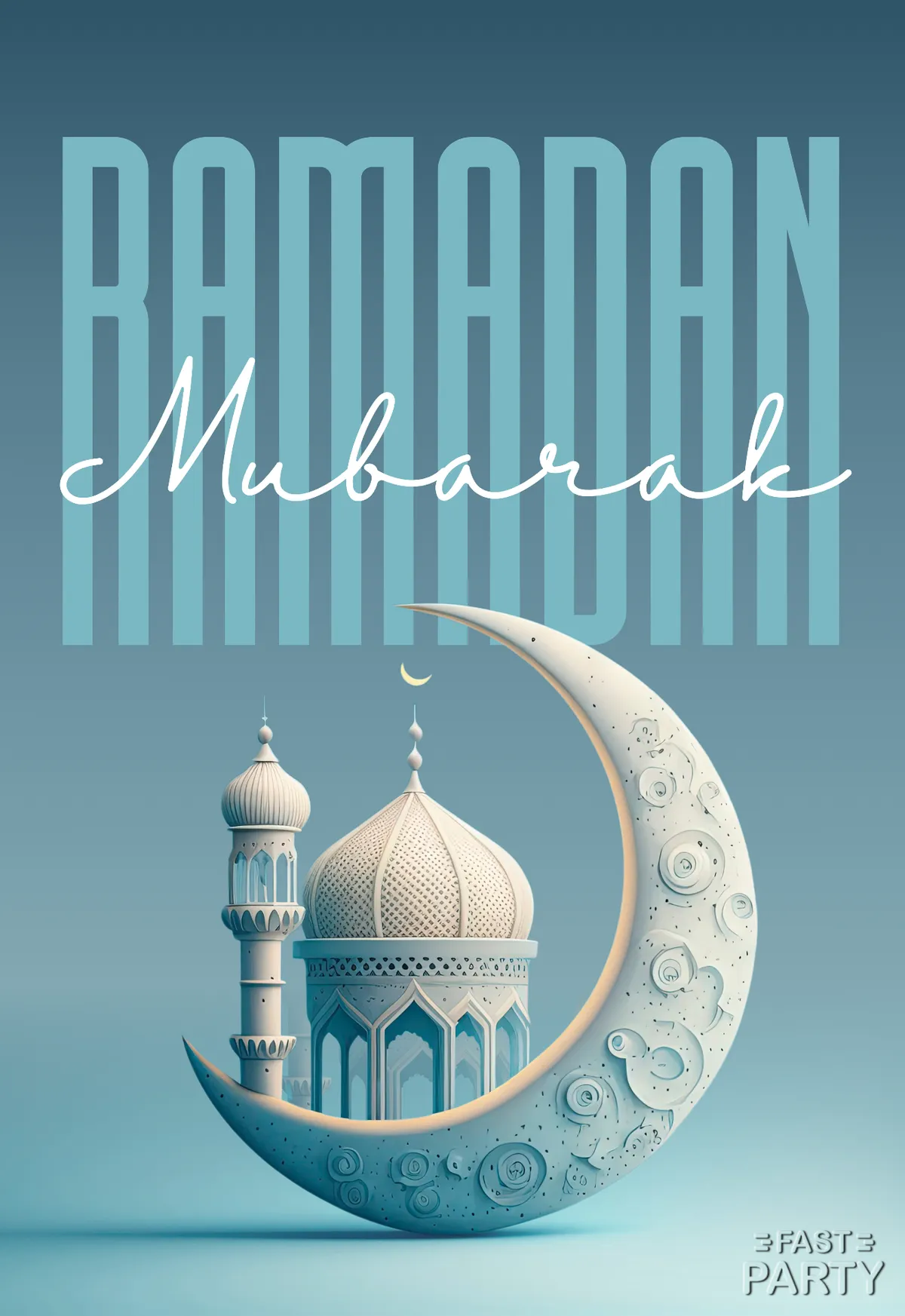 Ramadan Mubarak greeting with a crescent moon and mosque on blue