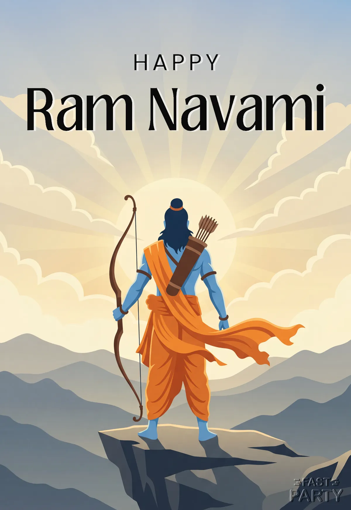 Happy Ram Navami greeting with Rama drawing a bow at sunrise